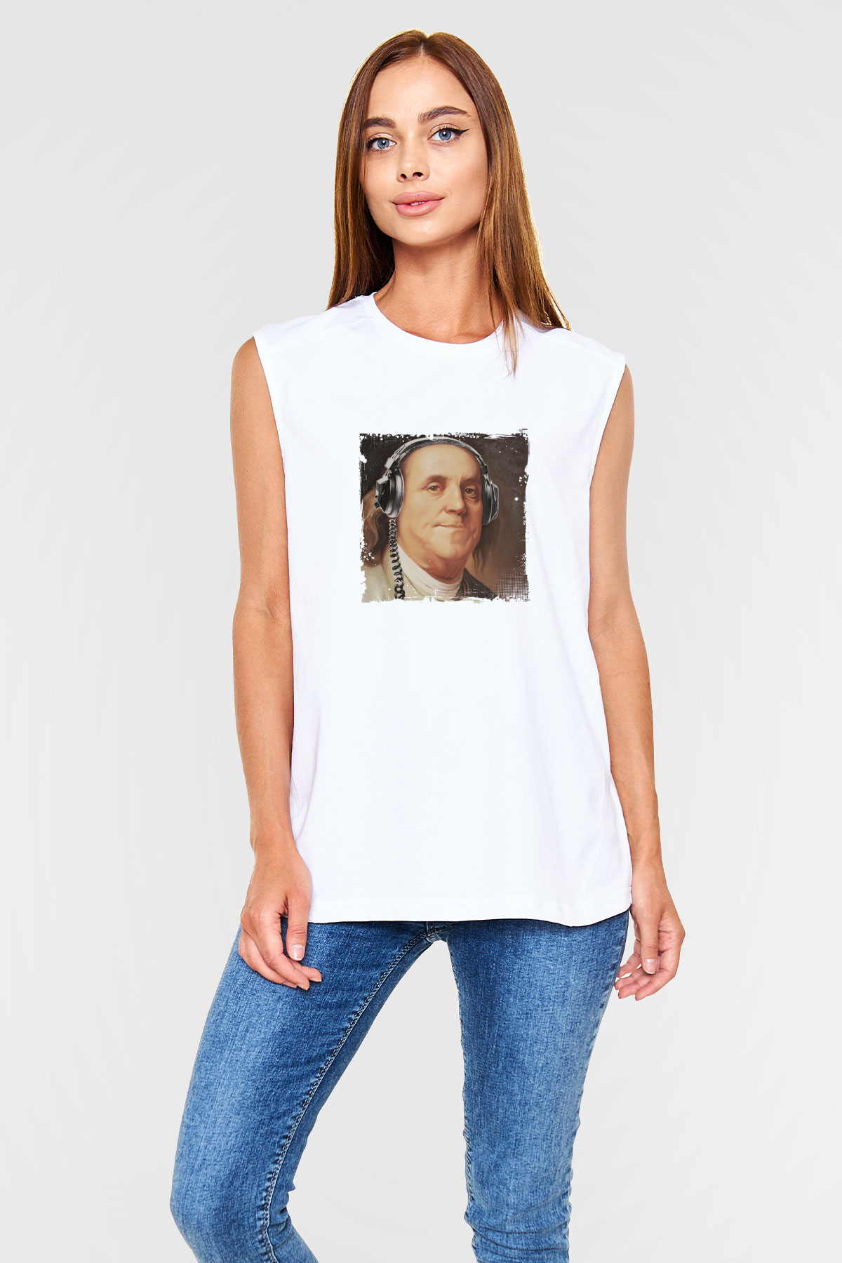 Benjamin Franklin Unisex Baskılı Beyaz Kolsuz Tişört