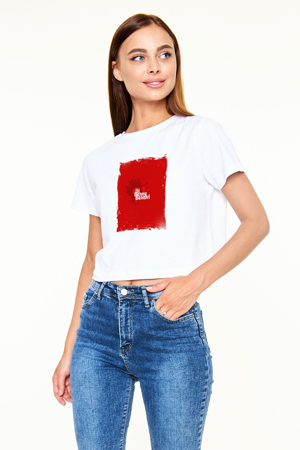 Benny Benassi Baskılı Beyaz Kadın Crop Top Tişört