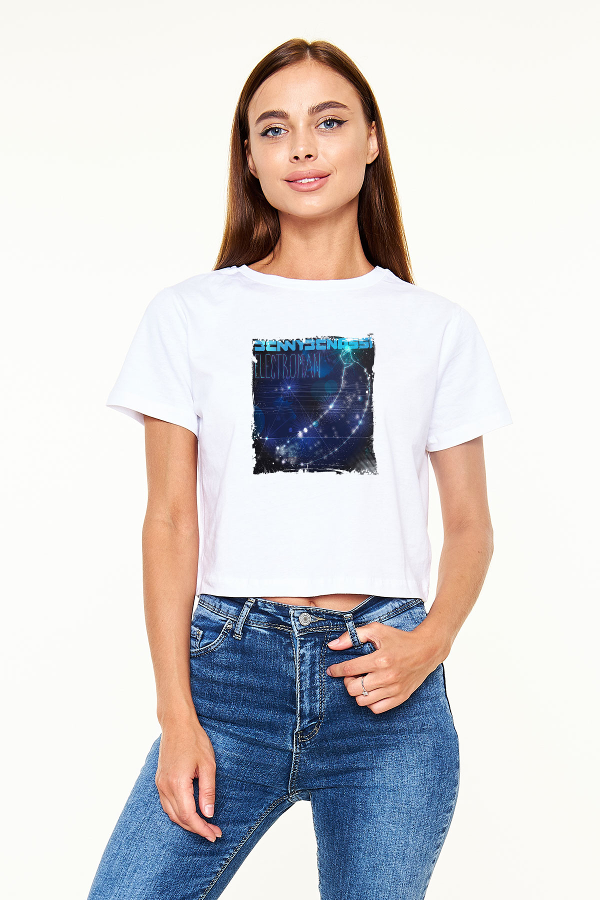 Benny Benassi Baskılı Beyaz Kadın Crop Top Tişört
