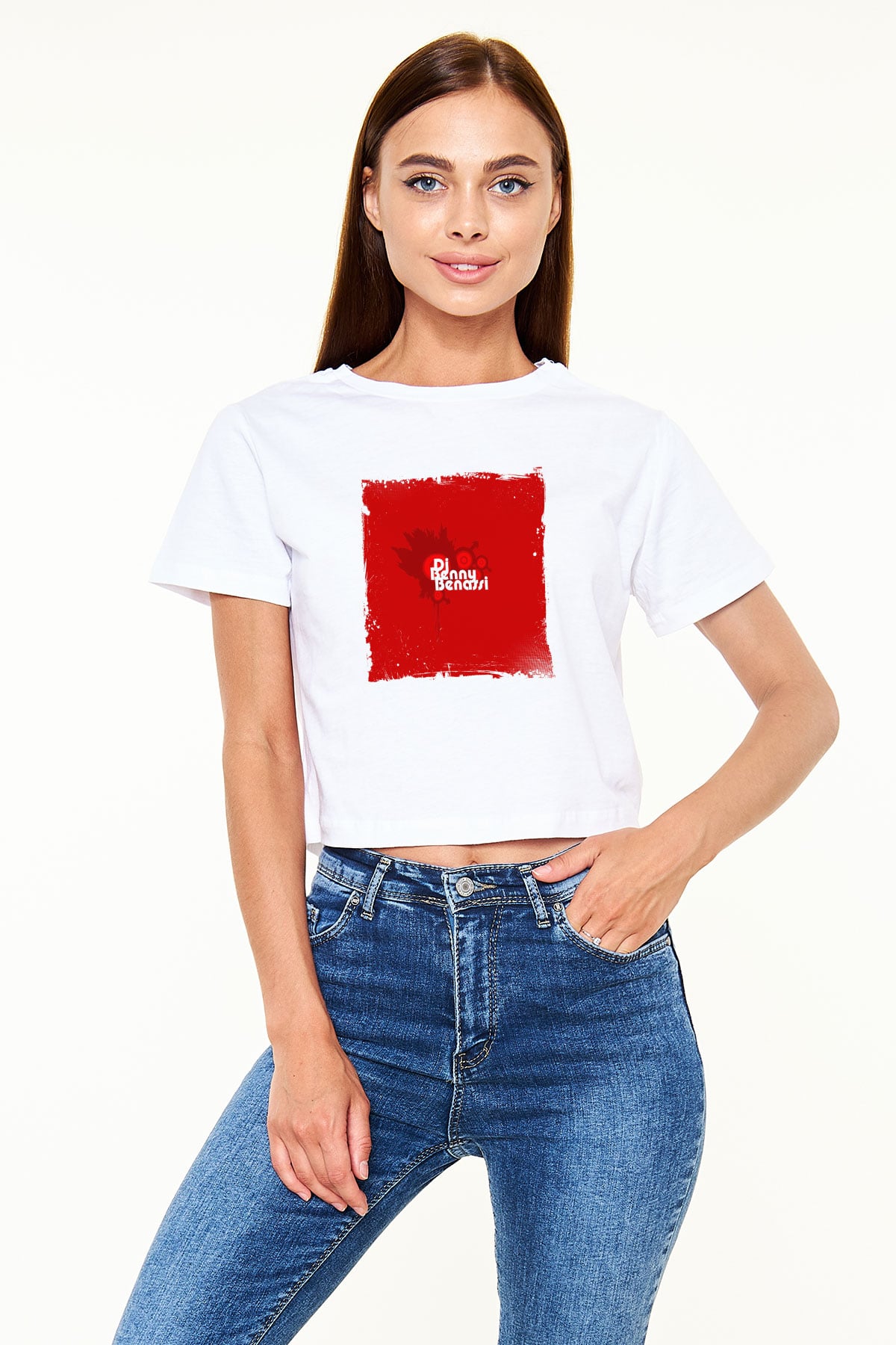 Benny Benassi Baskılı Beyaz Kadın Crop Top Tişört