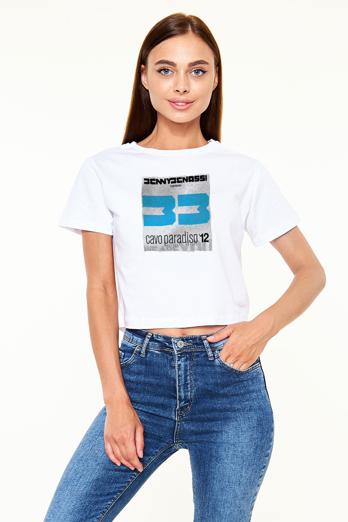 Benny Benassi Beyaz  Crop Top Tişört
