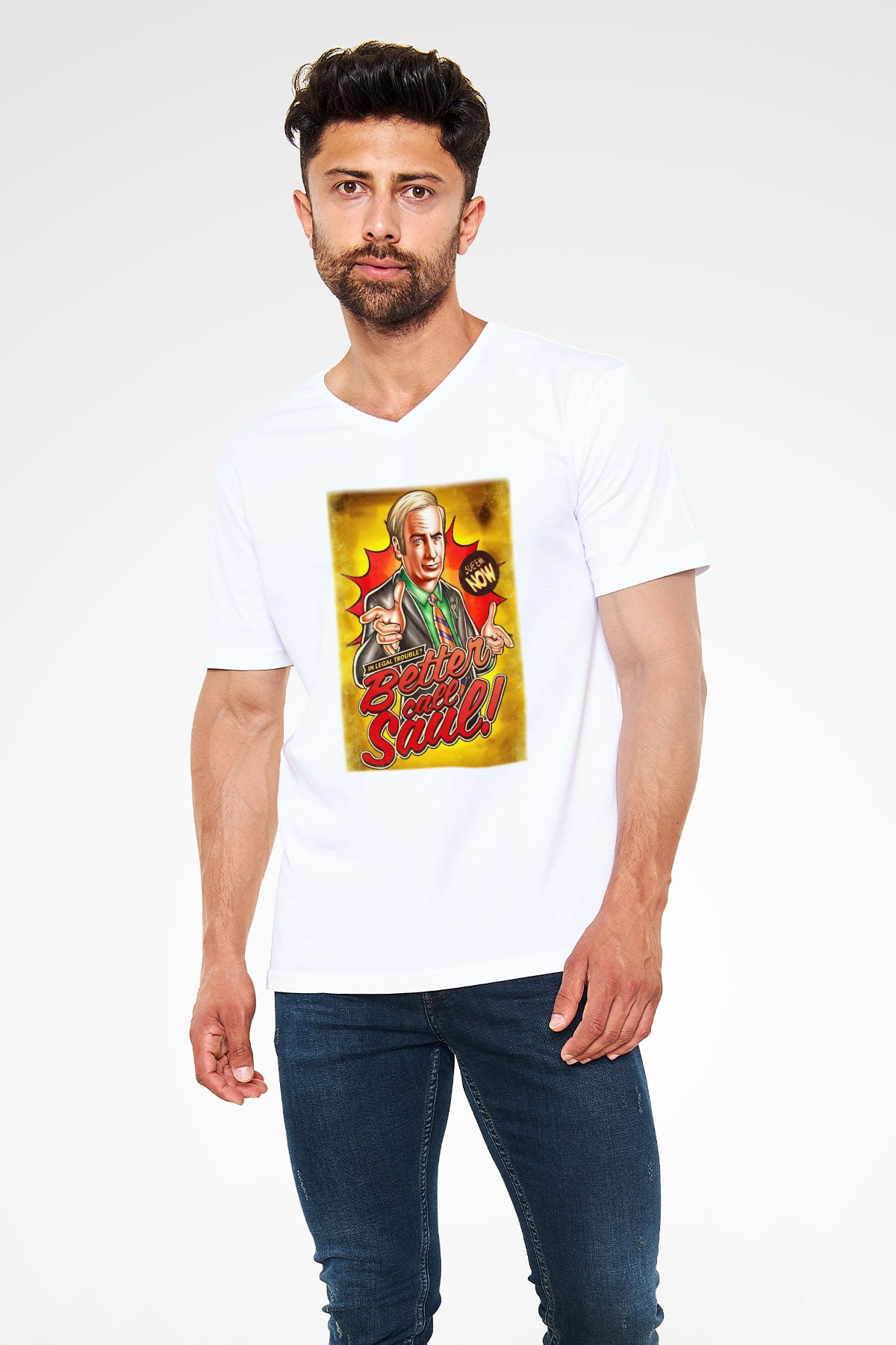 Better Call Saul Beyaz Unisex V Yaka Tişört T-Shirt