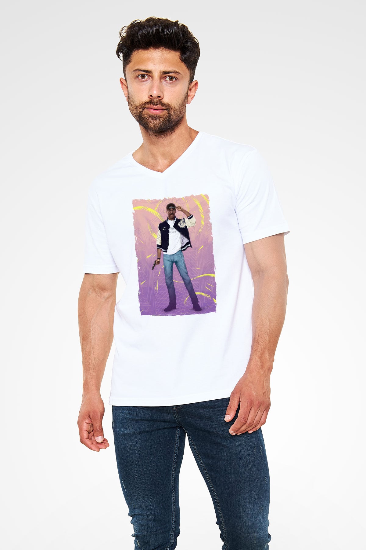 Beverly Hills Cop Beyaz Unisex  V Yaka Tişört