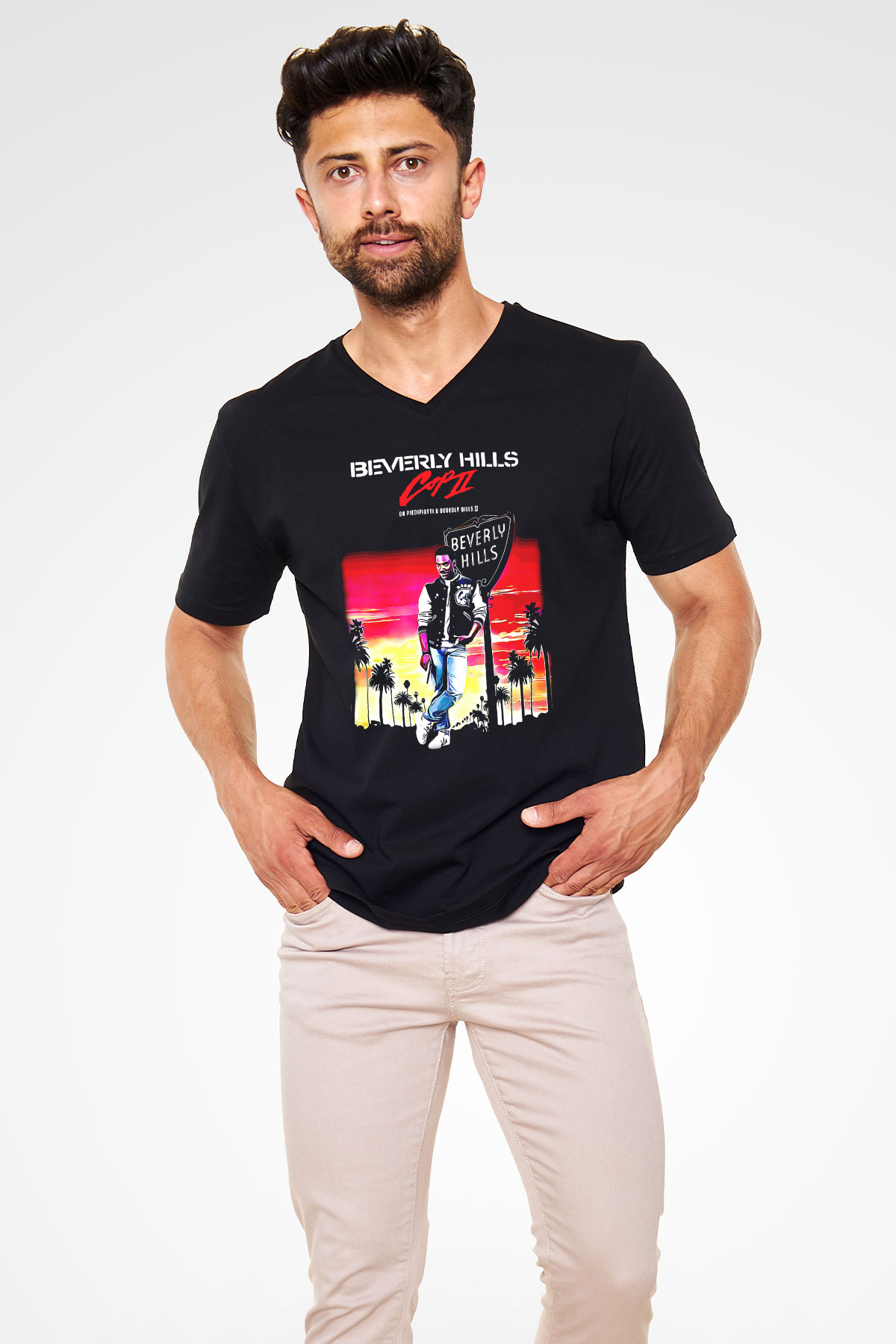 Beverly Hills Cop Siyah Unisex  V Yaka Tişört