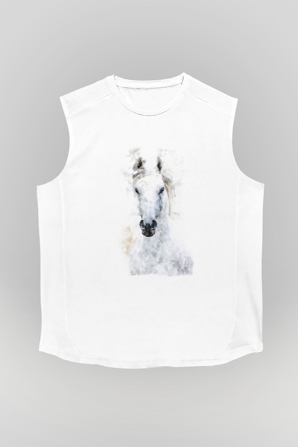 Beyaz At Baskılı Unisex Beyaz  Kolsuz Tişört