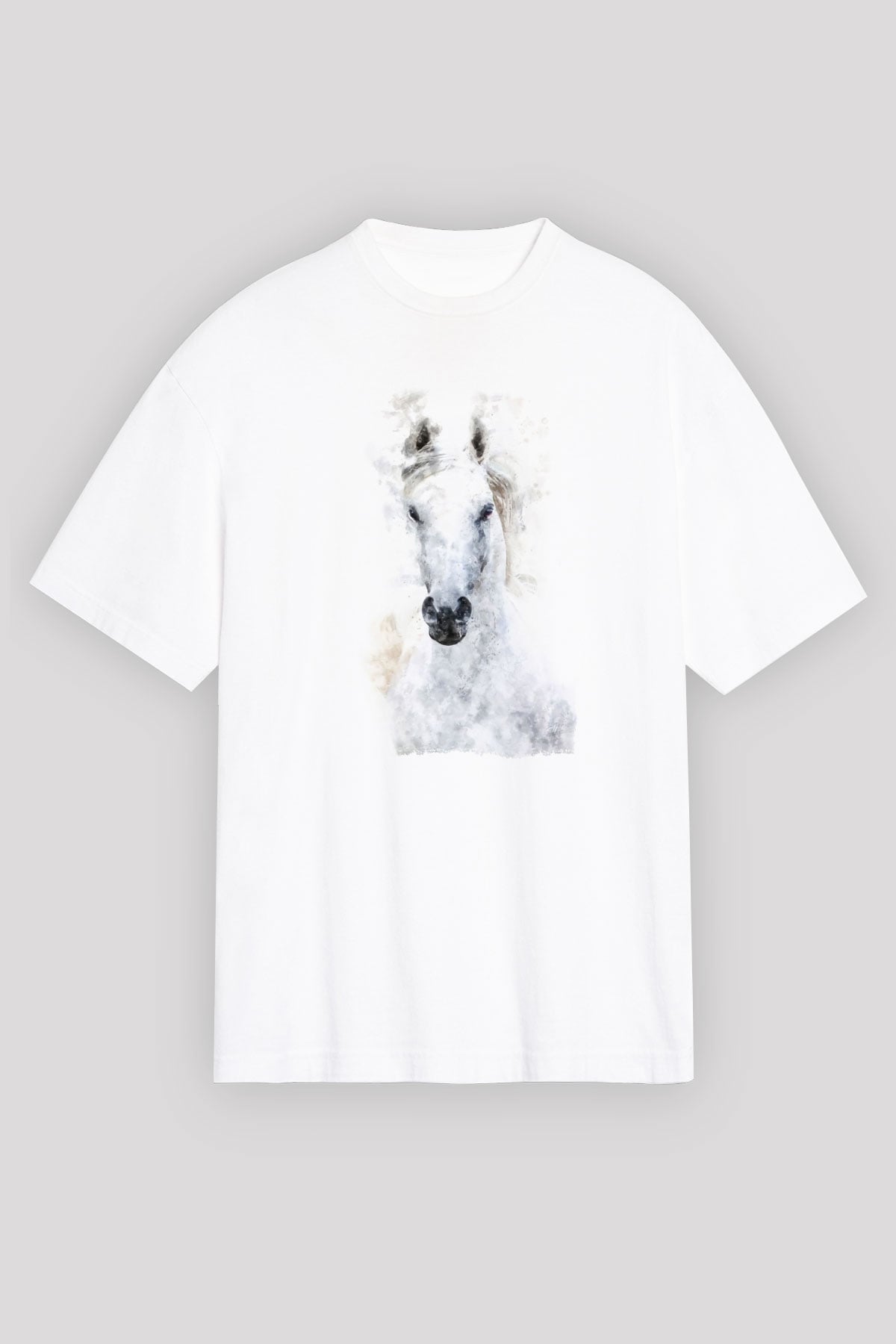Beyaz At Baskılı Unisex Beyaz Tişört