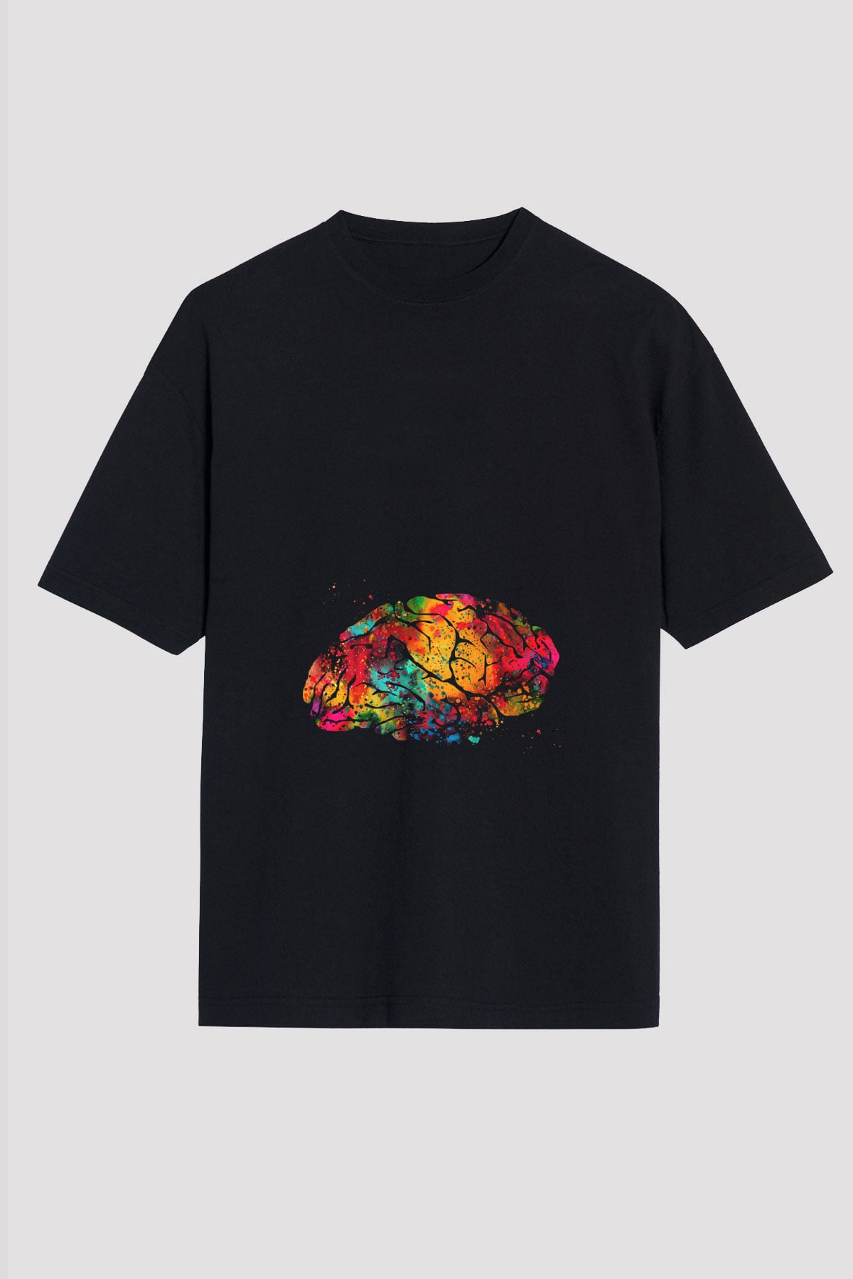 Beyin İllustrasyon Baskılı Unisex Oversize Tişört - Tshirt