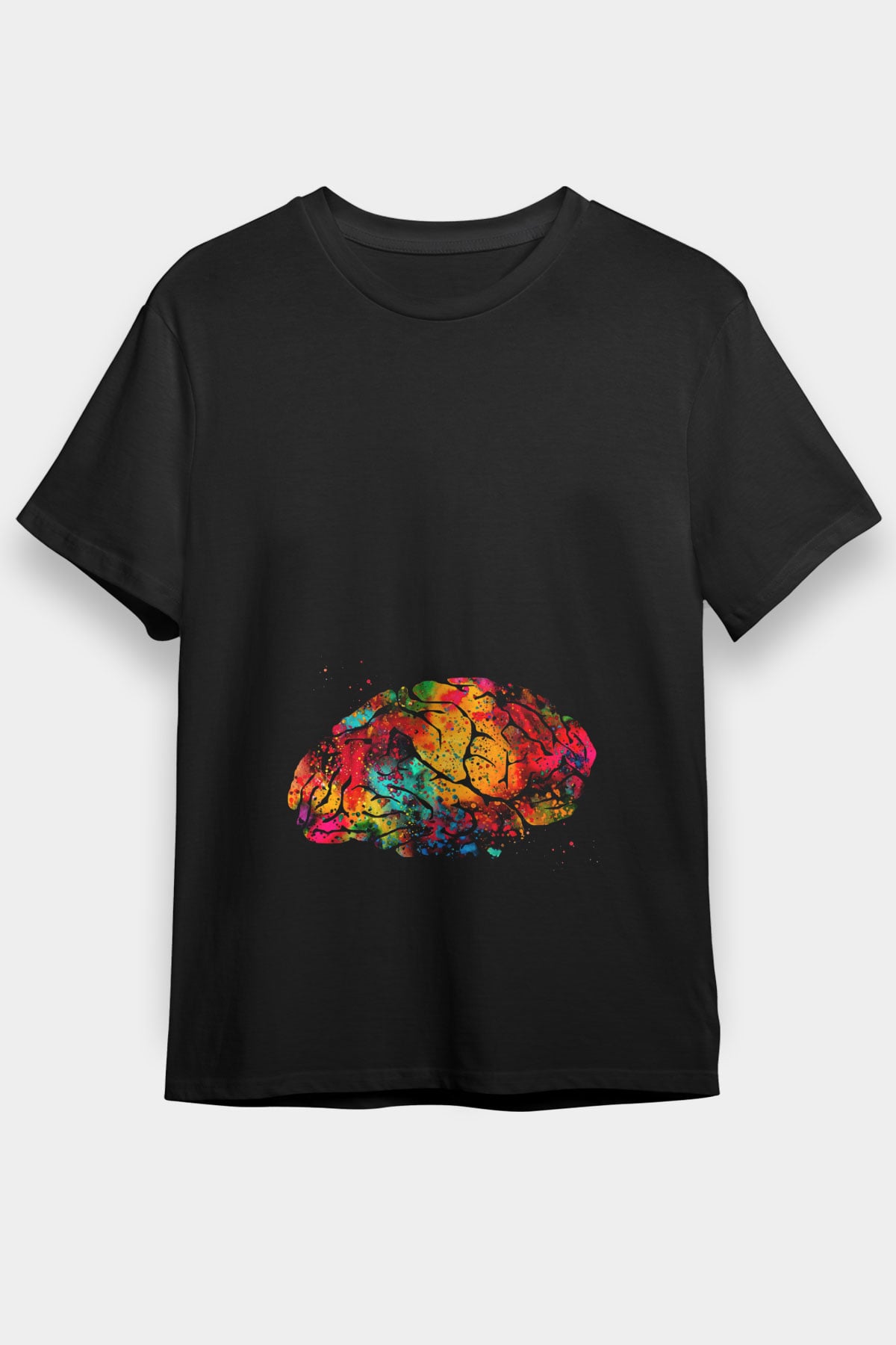 Beyin İllustrasyon Baskılı Unisex Siyah Tişört - Tshirt