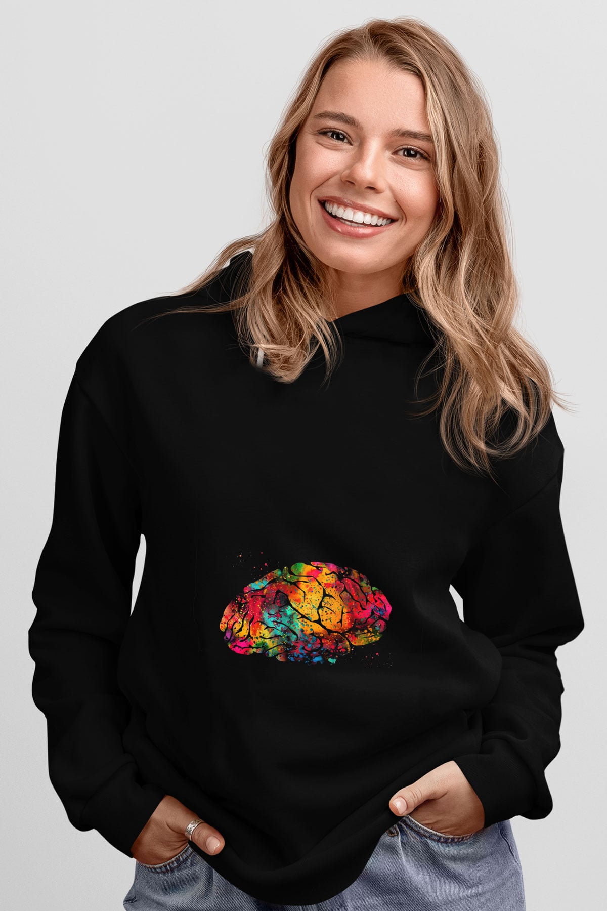 Beyin İllustrasyon Baskılı Unisex Siyah Hoodie