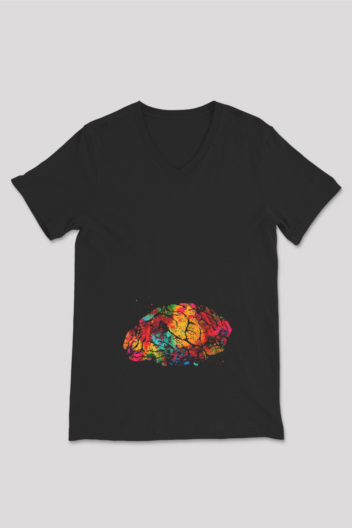 Beyin İllustrasyon Baskılı Unisex V Yaka Siyah Tİşört - Tshirt