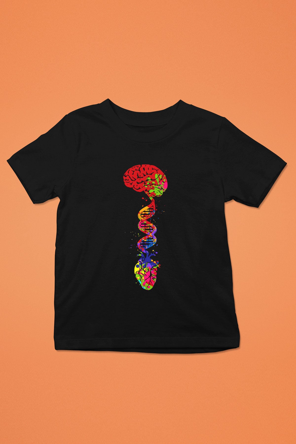 Beyin Omurga DNA Sarmalı Baskılı Unisex Siyah Çocuk Tişörtü - Tshirt