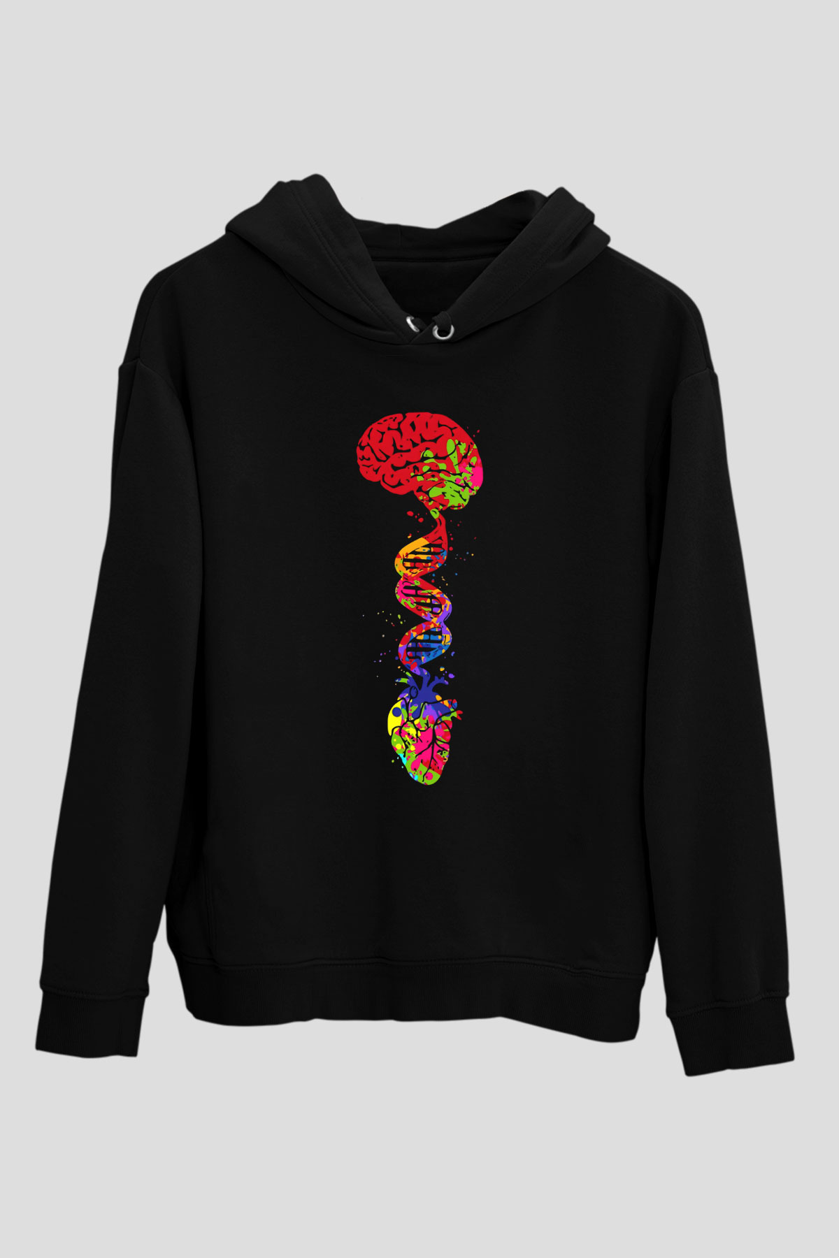 Beyin Omurga DNA Sarmalı Baskılı Unisex Siyah Hoodie
