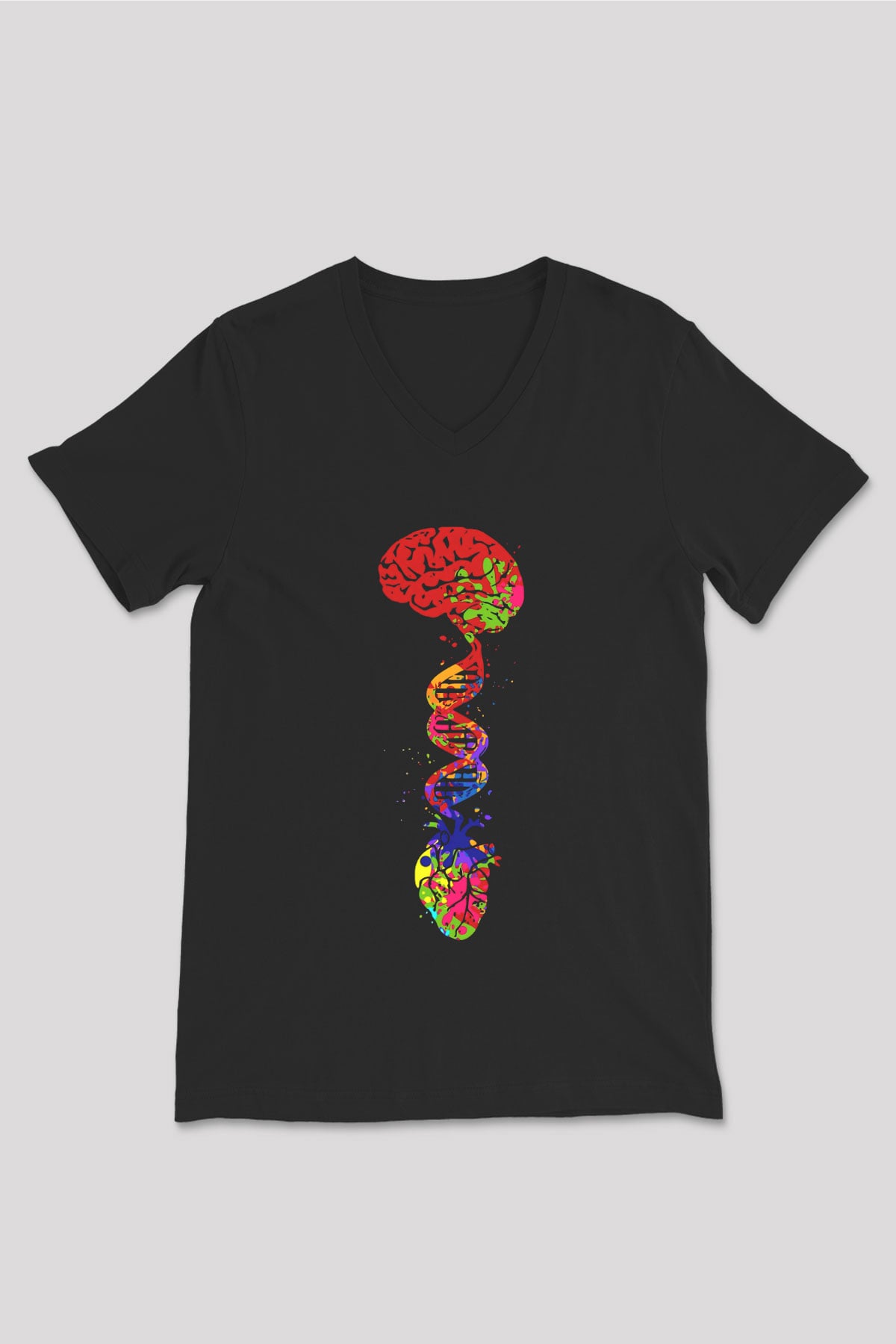 Beyin Omurga DNA Sarmalı Baskılı Unisex V Yaka Siyah Tİşört - Tshirt