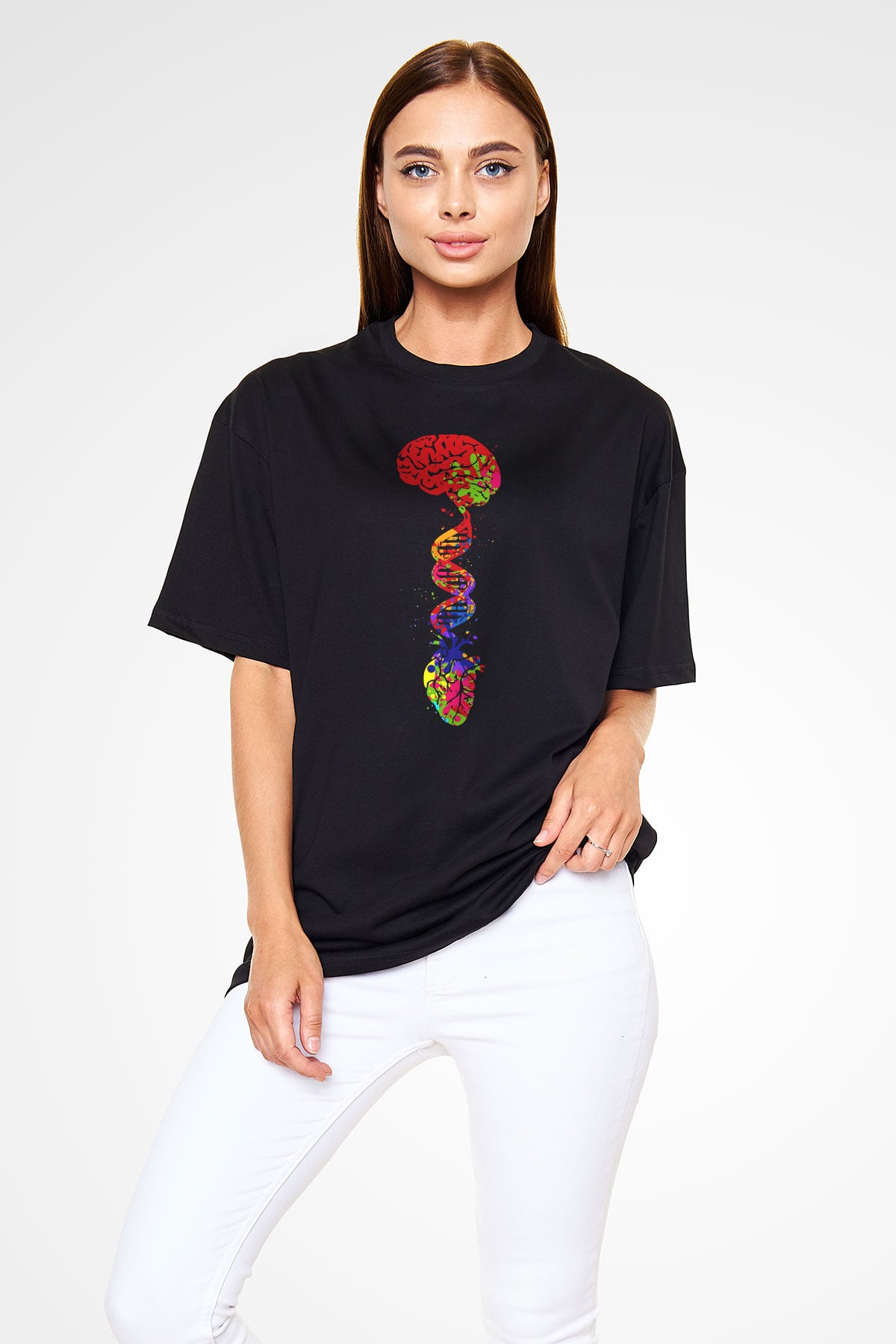 Beyin Omurga DNA Sarmalı Baskılı Unisex Oversize Tişört - Tshirt