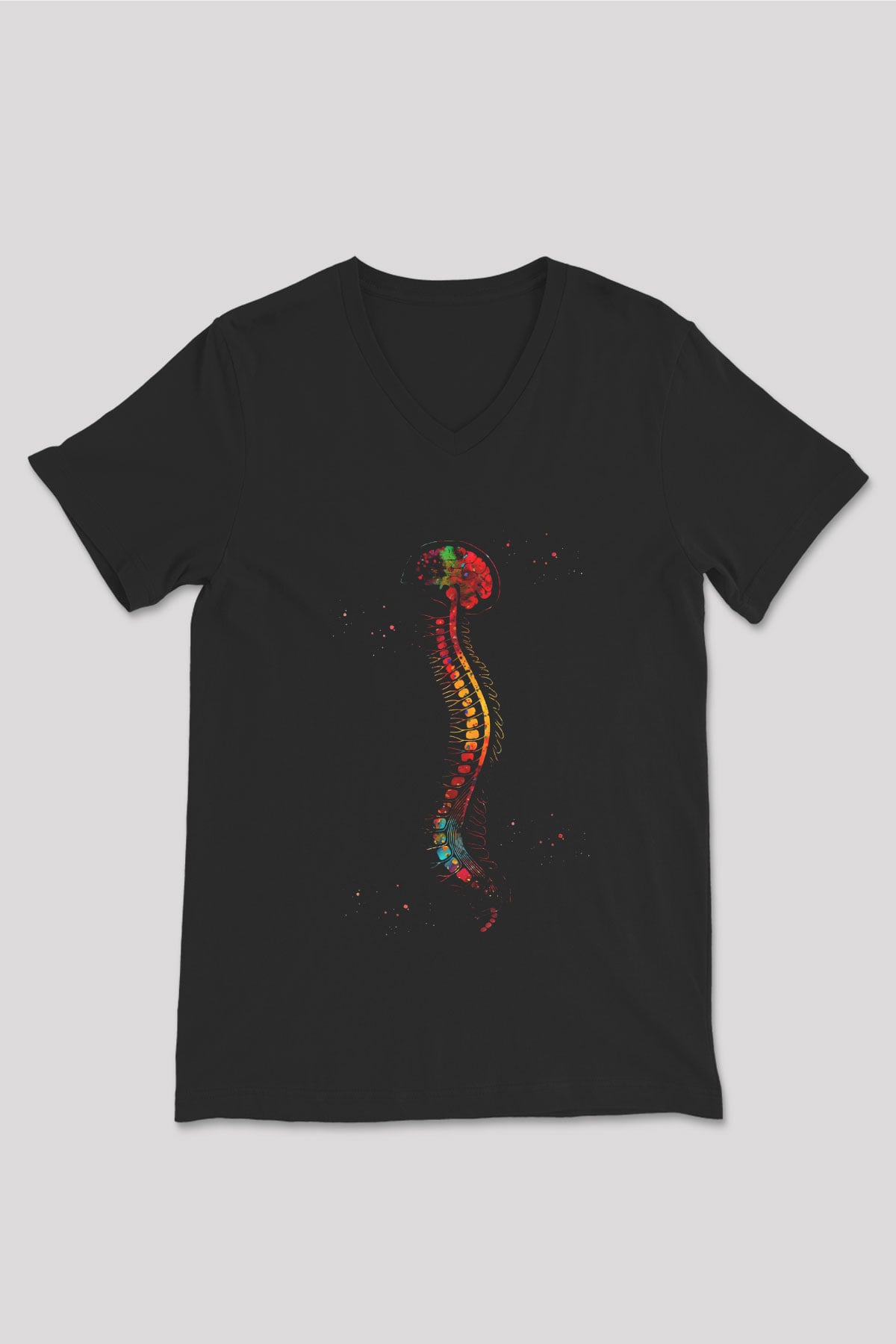 Beyin ve Omurga Baskılı Unisex V Yaka Siyah Tİşört - Tshirt