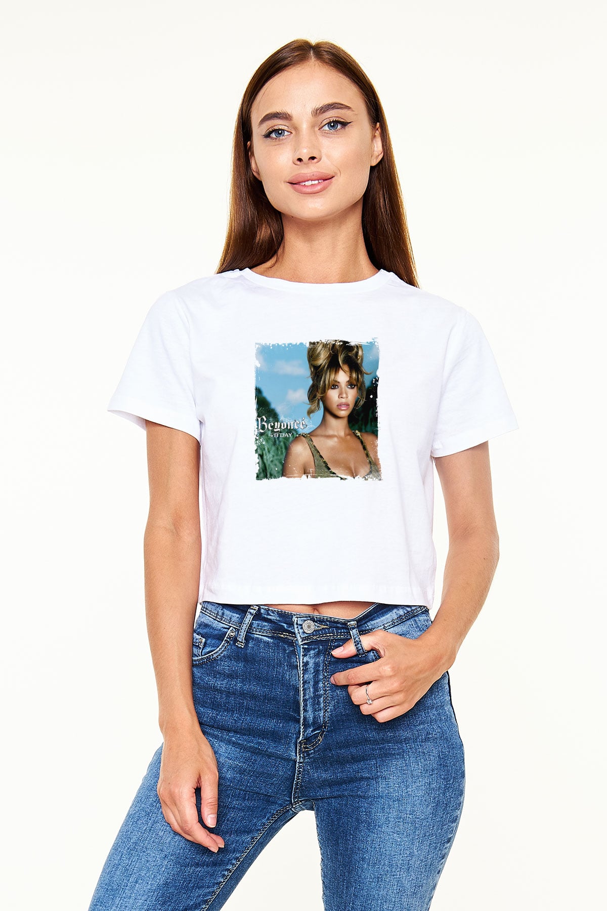 Beyonce Baskılı Beyaz Kadın Crop Top Tişört