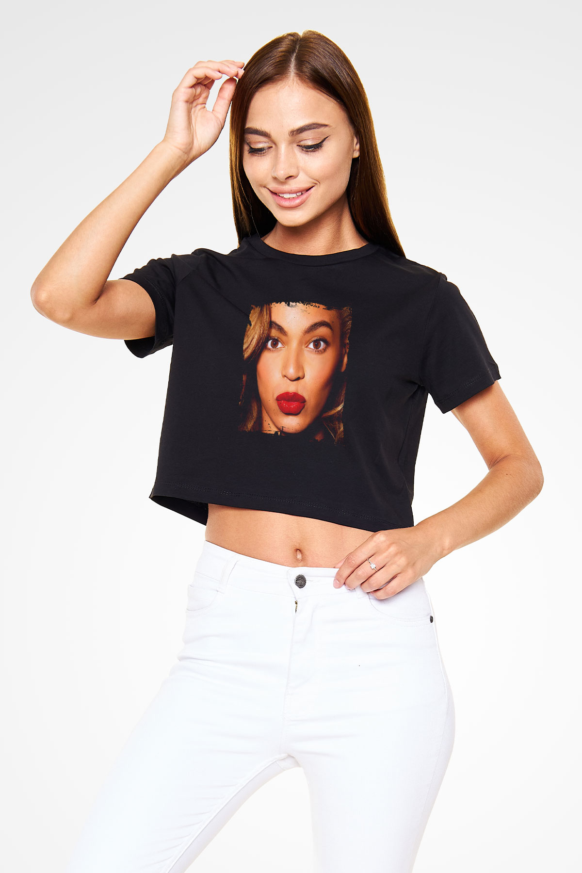 Beyonce Baskılı Crop Top Siyah Kadın Tişört