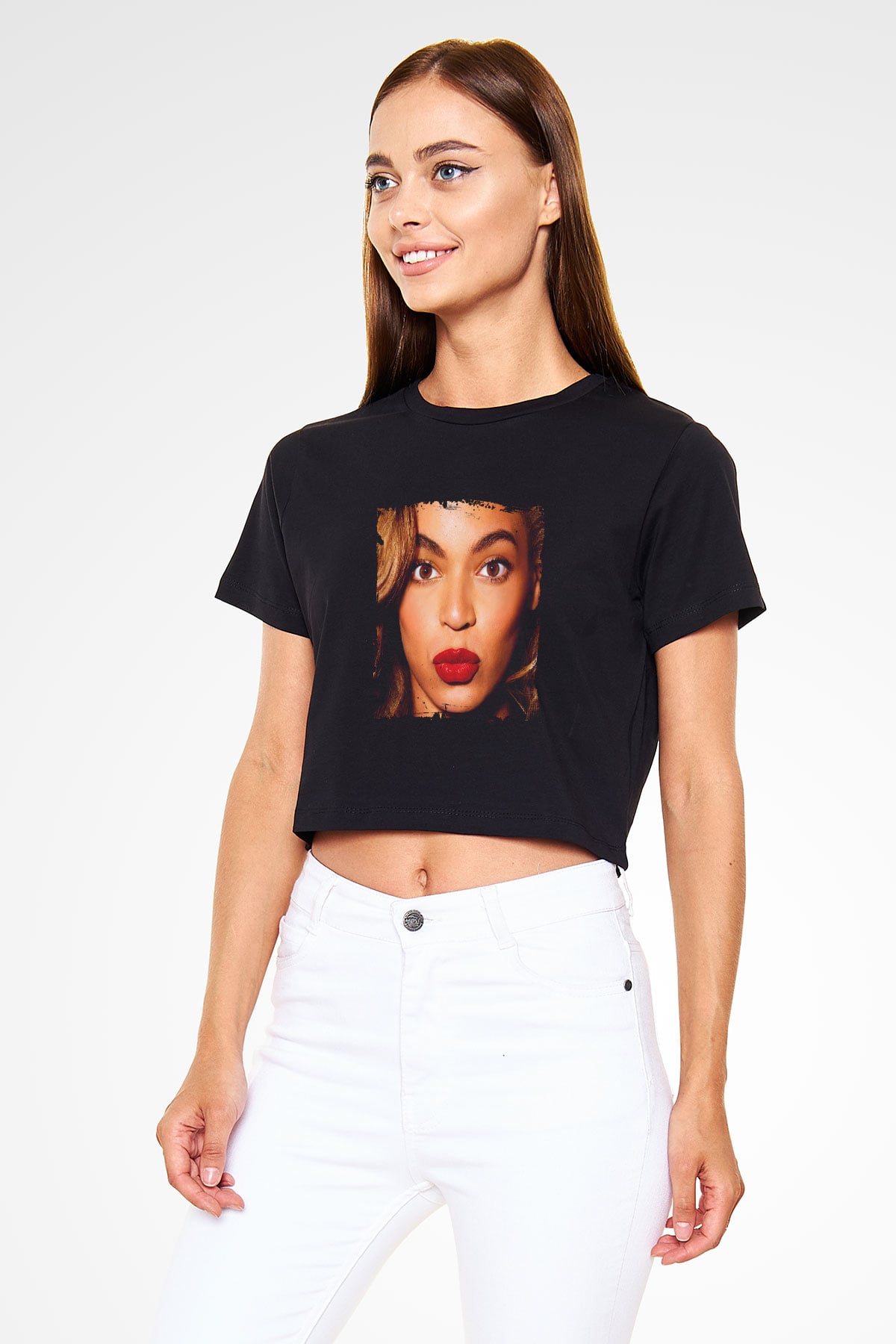Beyonce Baskılı Crop Top Siyah Kadın Tişört