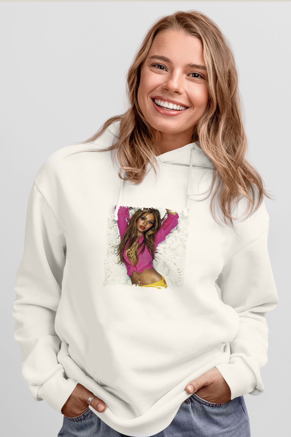 Beyonce Baskılı Unisex Beyaz Kapüşonlu Sweatshirt