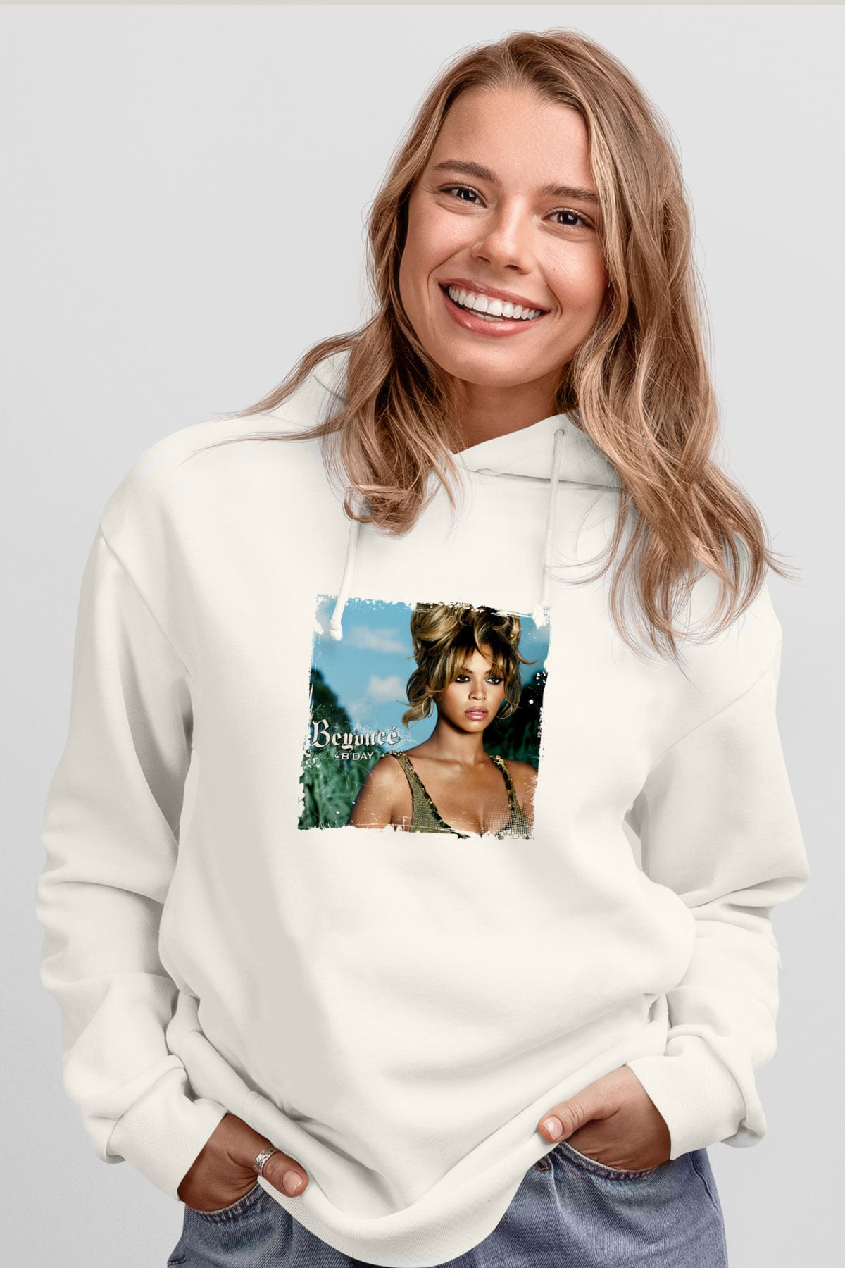 Beyonce Baskılı Unisex Beyaz Kapüşonlu Sweatshirt