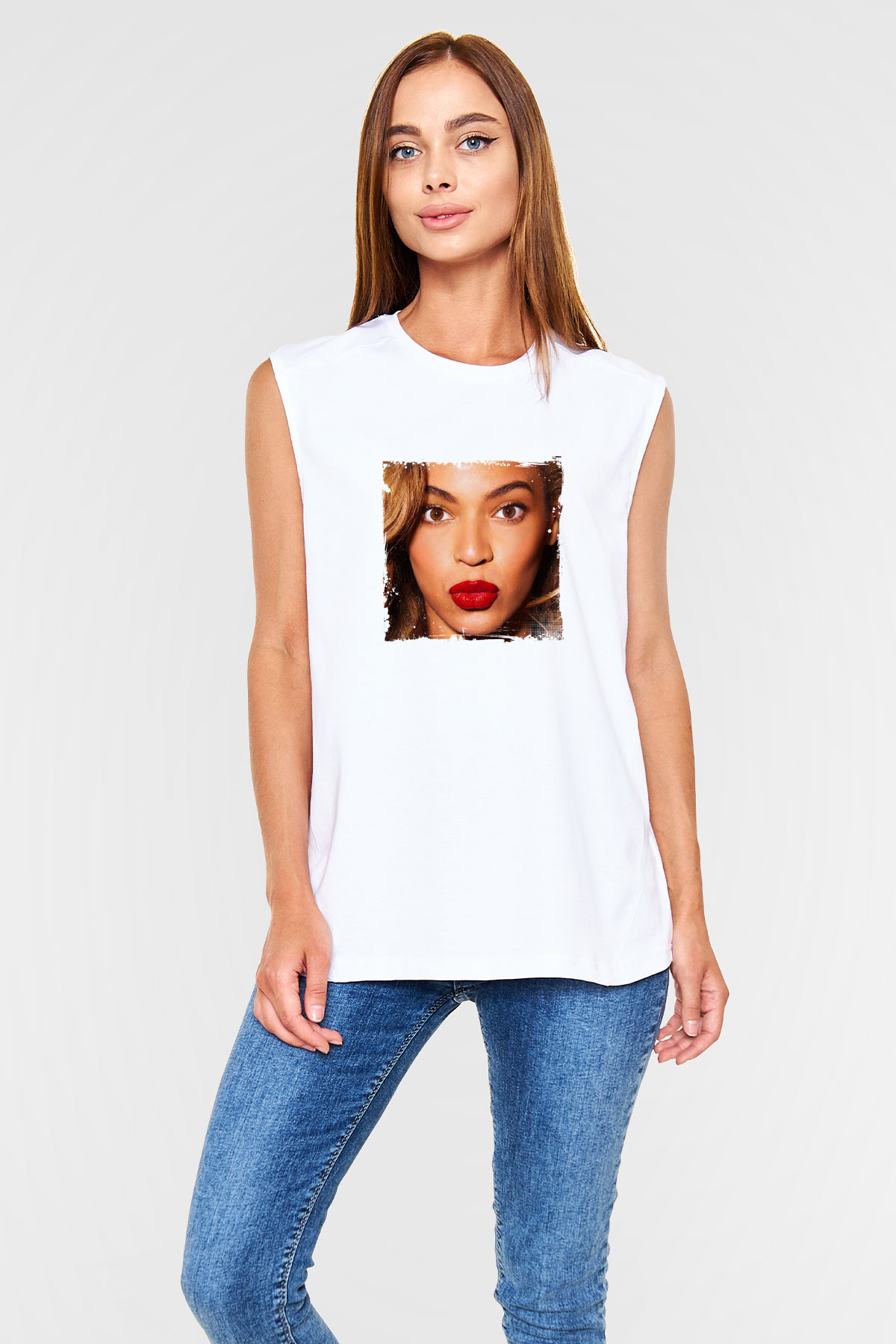 Beyonce Baskılı Unisex Beyaz Kolsuz Tişört