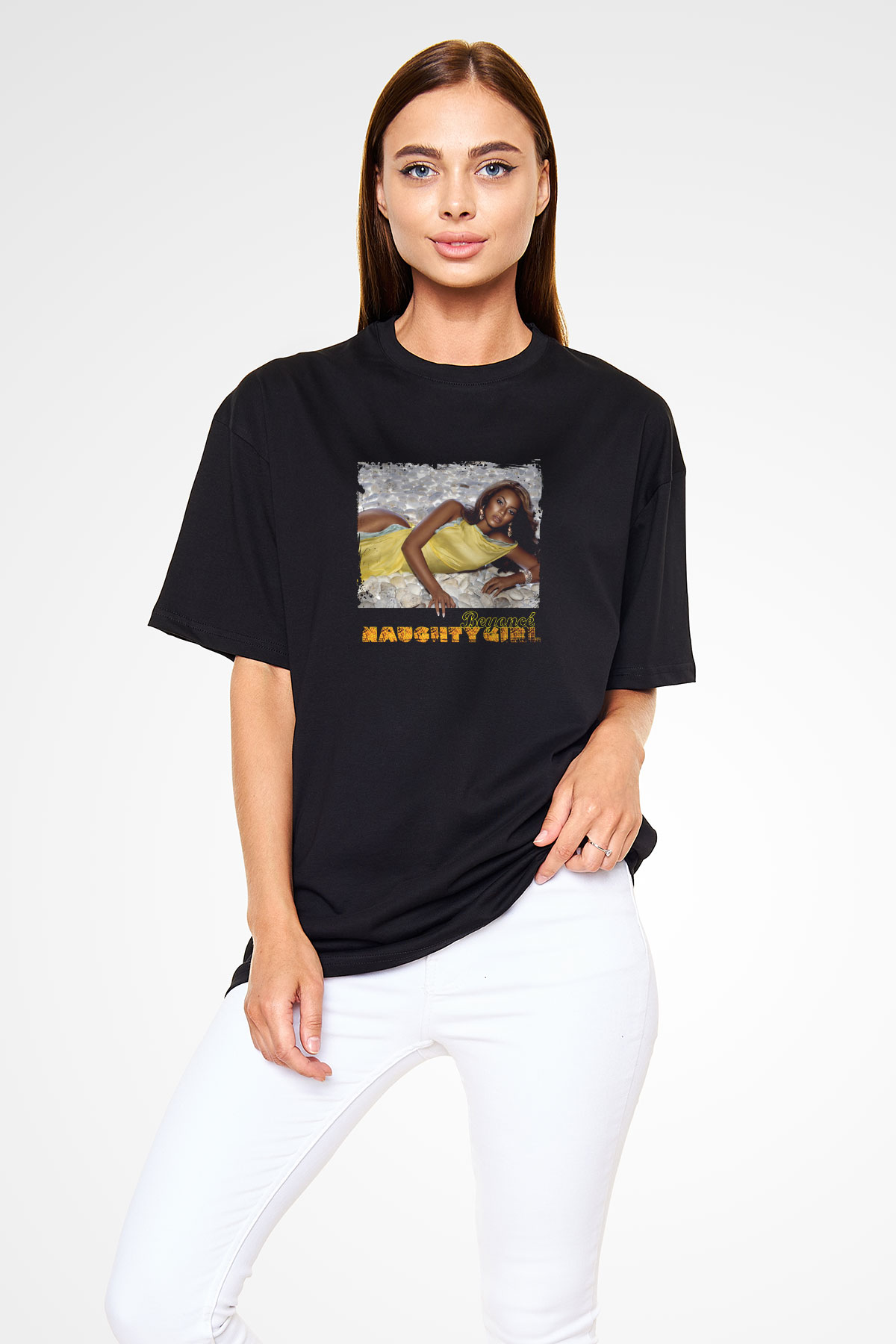 Beyonce Baskılı Unisex Oversize Siyah Tişört