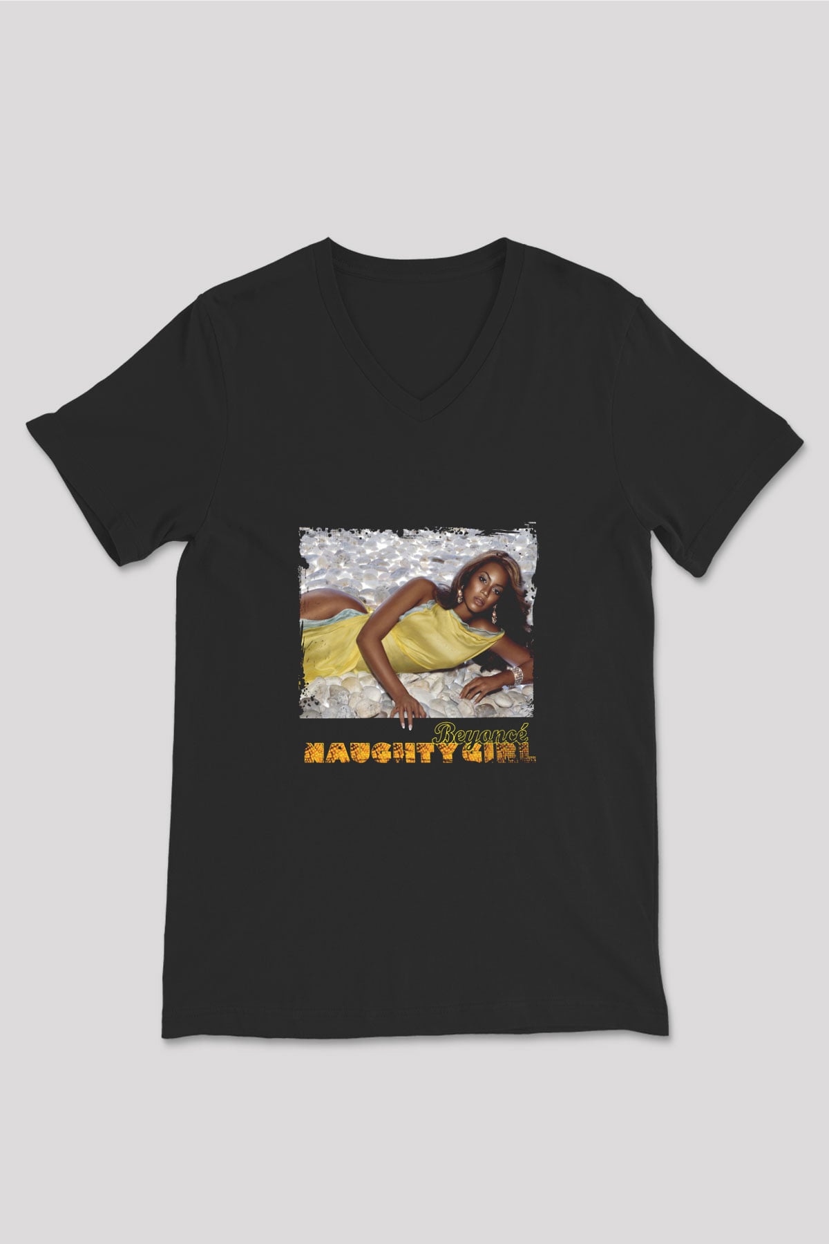 Beyonce Baskılı Unisex Siyah V Yaka Tişört