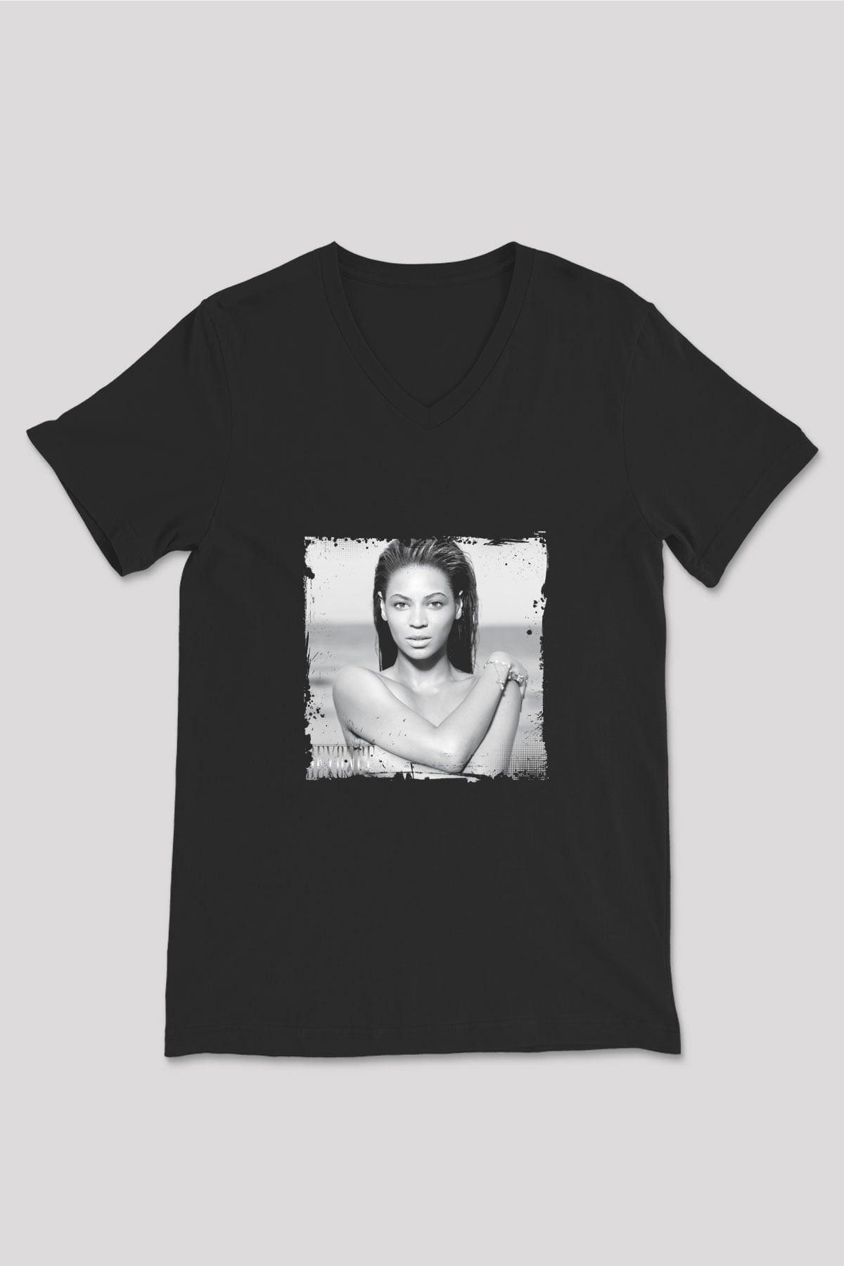 Beyonce Baskılı Unisex Siyah V Yaka Tişört