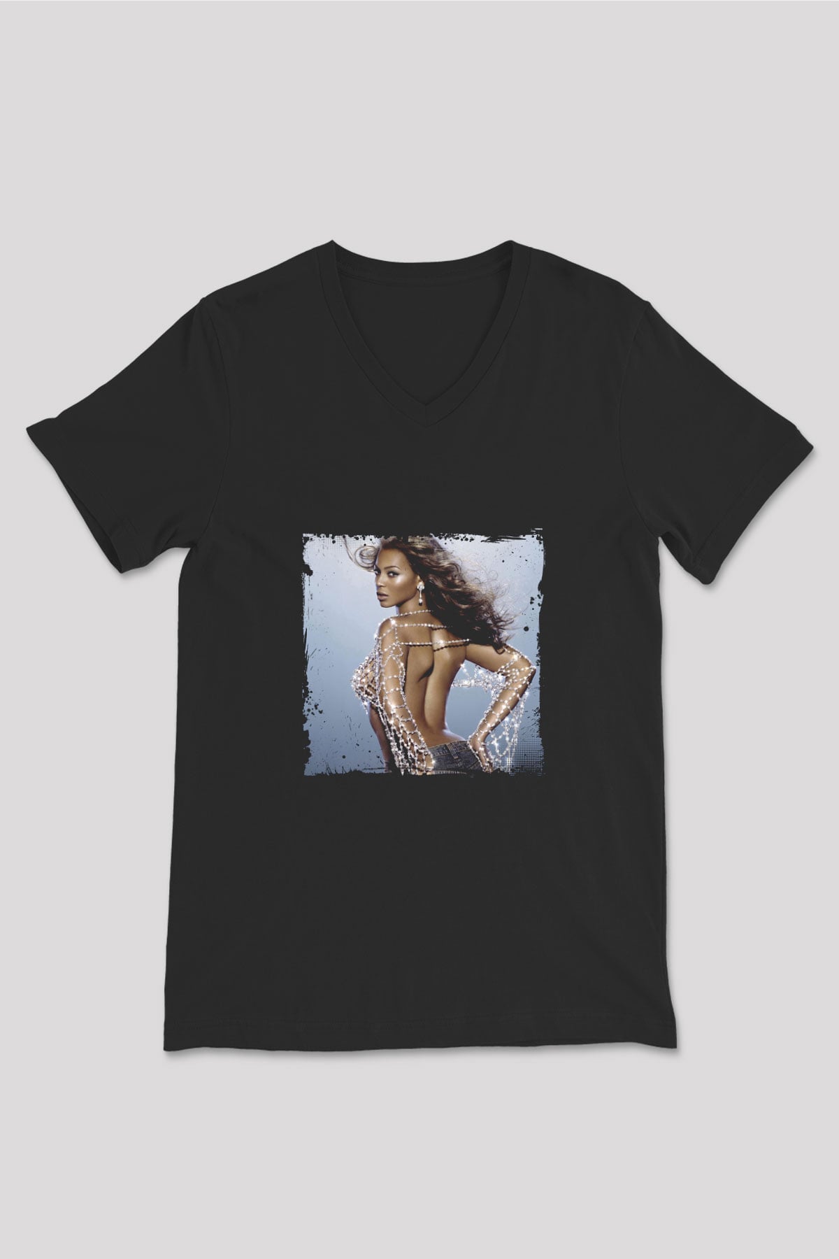 Beyonce Baskılı Unisex Siyah V Yaka Tişört
