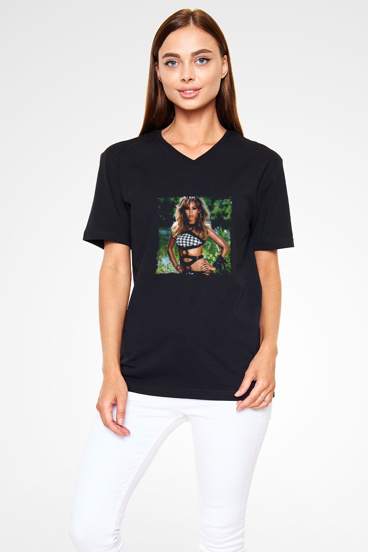 Beyonce Baskılı Unisex Siyah V Yaka Tişört