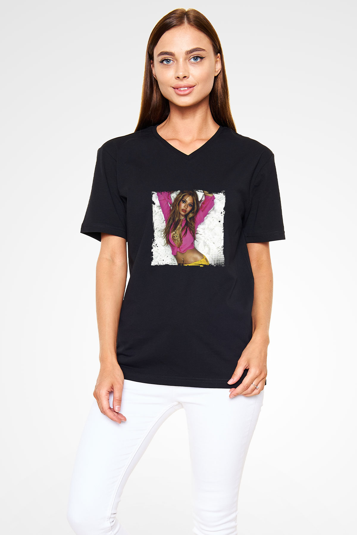 Beyonce Baskılı Unisex Siyah V Yaka Tişört