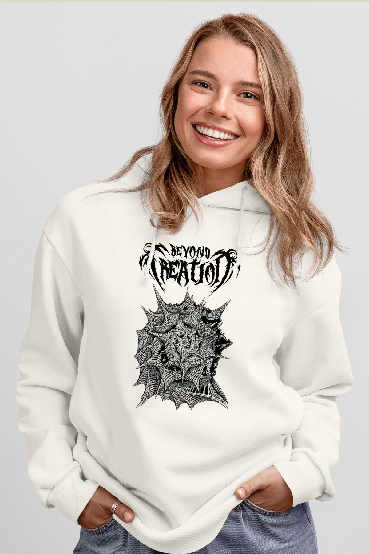 Beyond Creation Baskılı Beyaz Unisex Kapüşonlu Sweatshirt