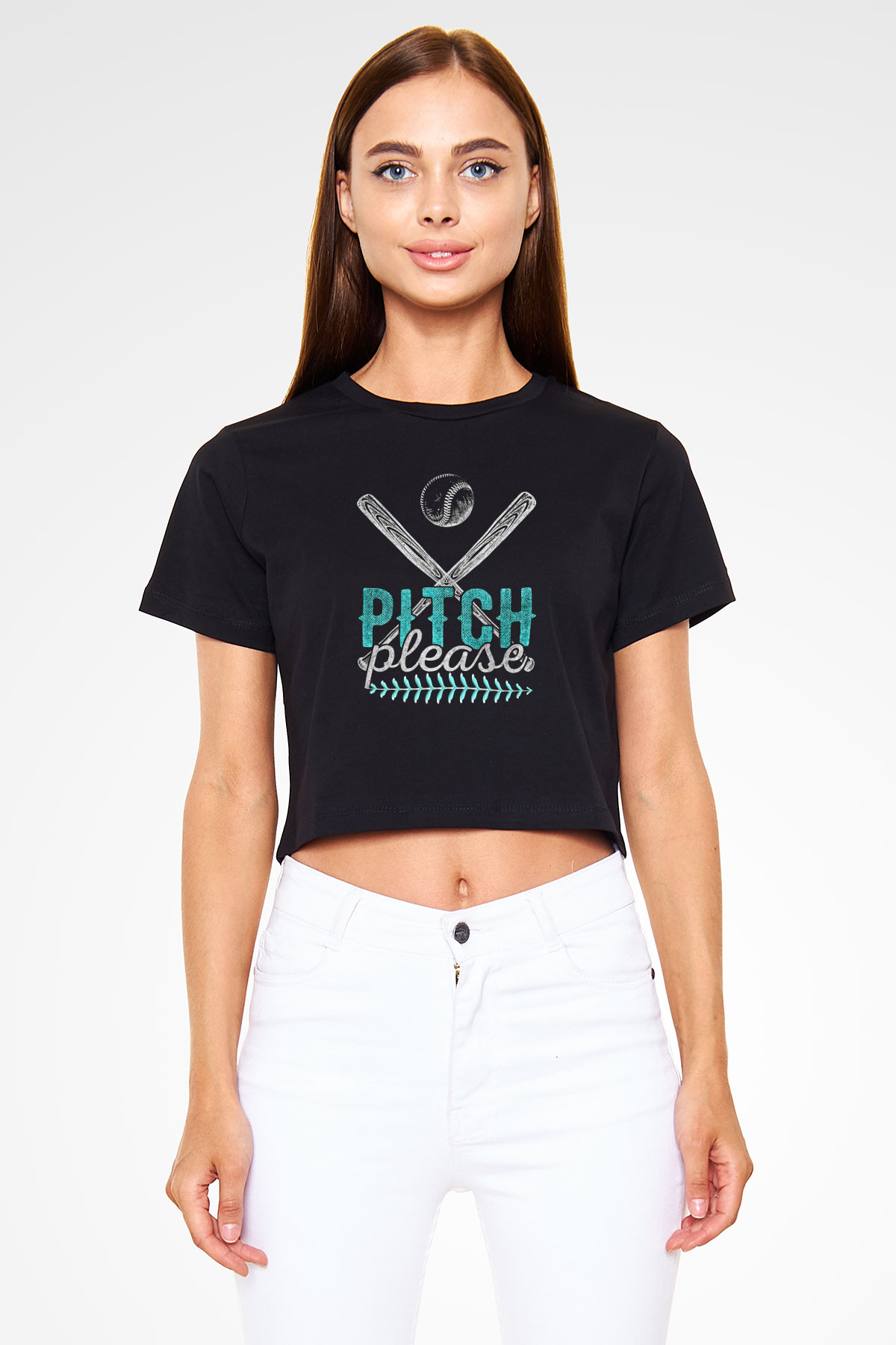 Beyzbol - Baseball Baskılı Crop Top Siyah Kadın Tişört - Tshirt