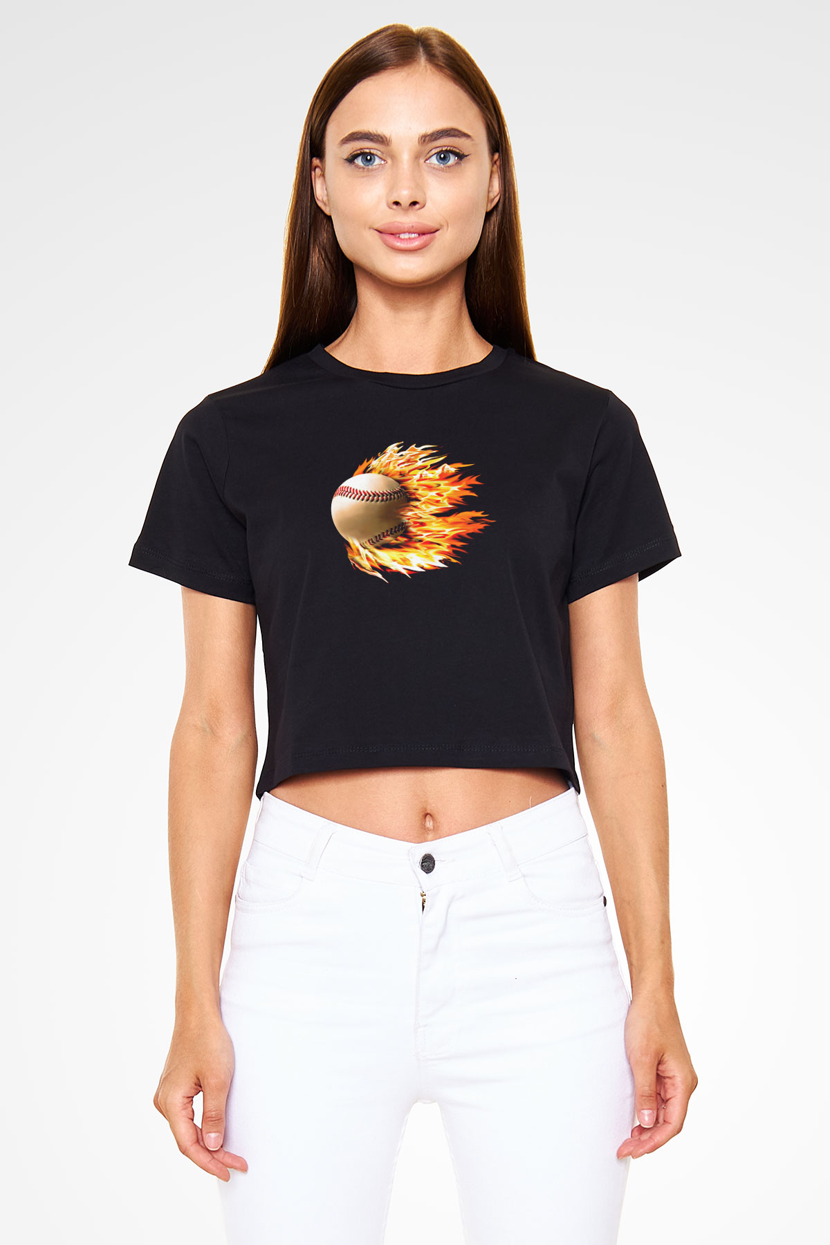 Beyzbol - Baseball Baskılı Crop Top Siyah Kadın Tişört - Tshirt