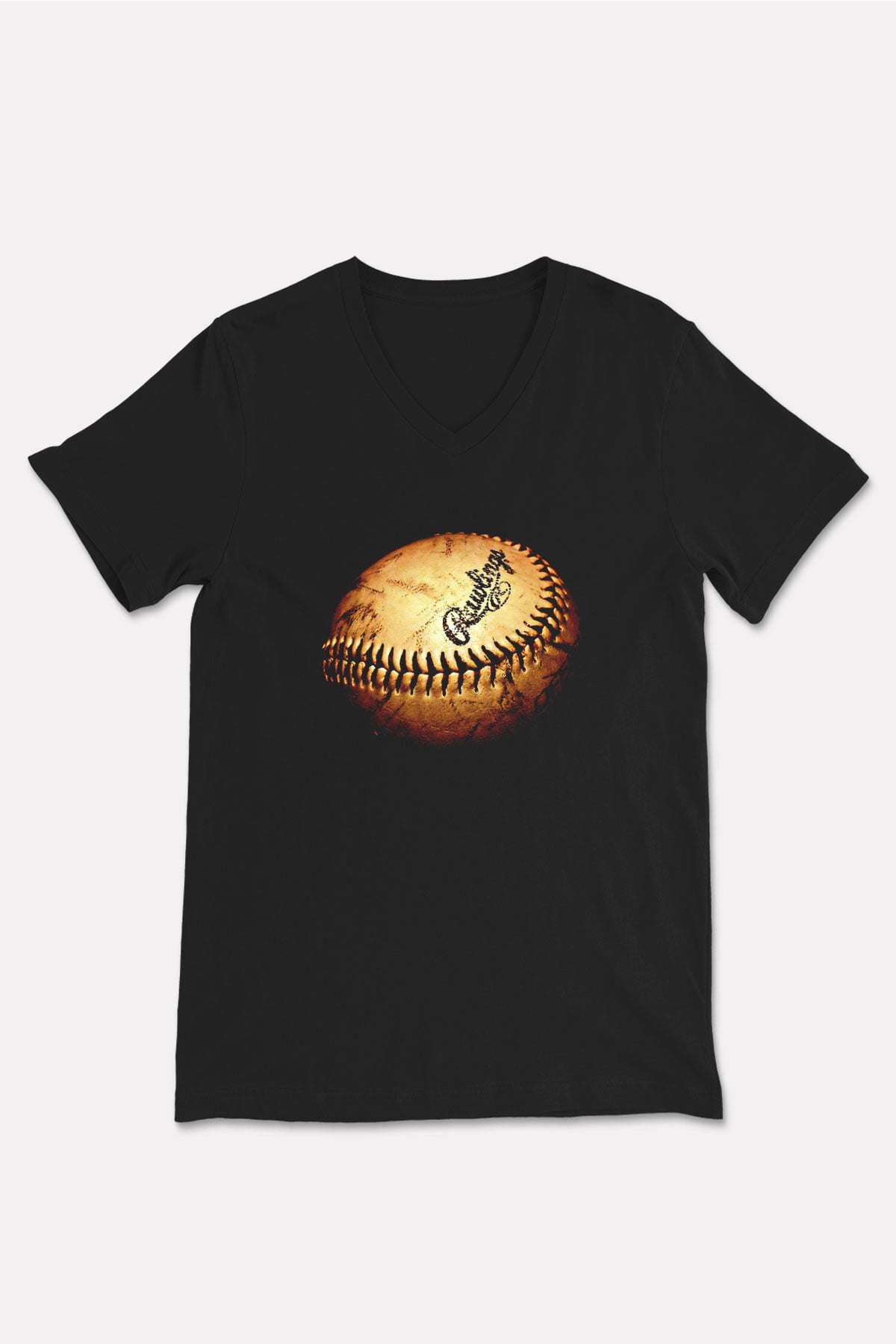 Beyzbol - Baseball Baskılı Unisex Siyah V Yaka Tişört