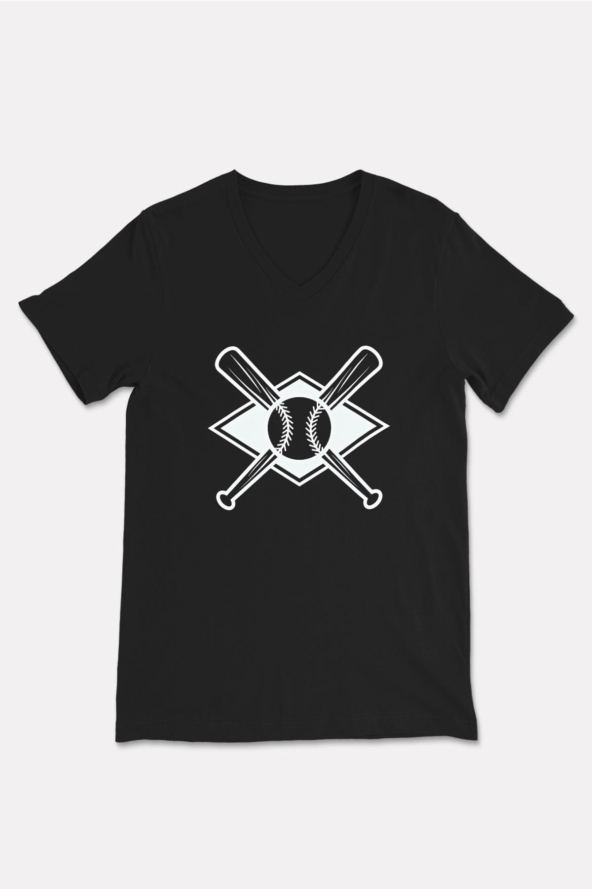 Beyzbol - Baseball Baskılı Unisex Siyah V Yaka Tişört