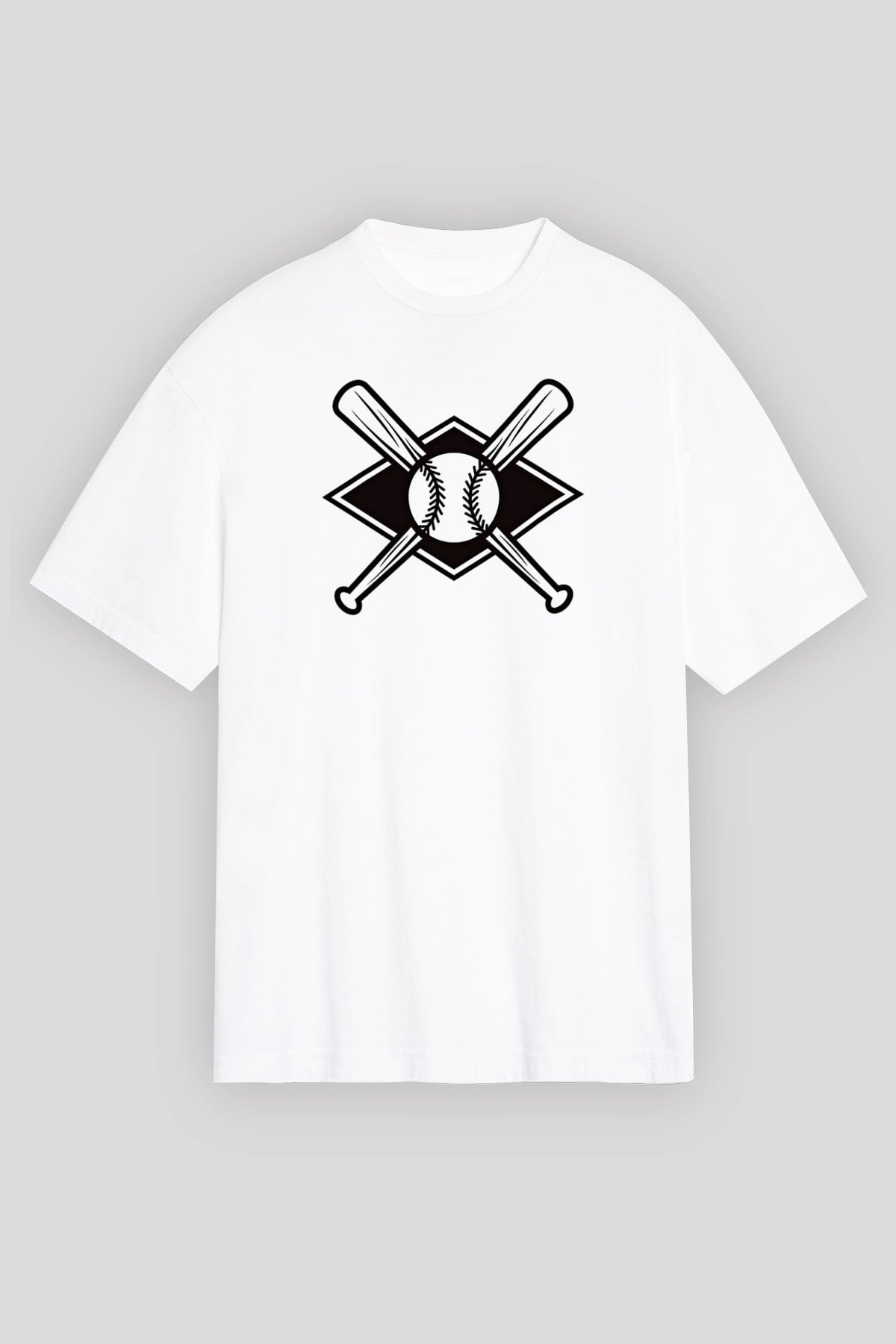 Beyzbol Baskılı Unisex Beyaz Oversize Tişört - Tshirt