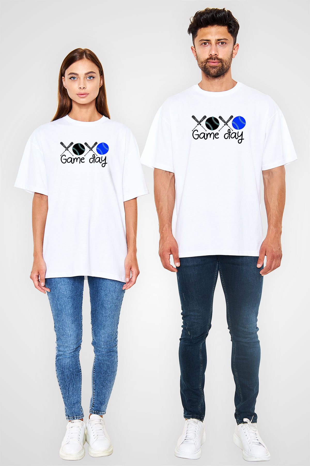 Beyzbol Baskılı Unisex Beyaz Oversize Tişört - Tshirt