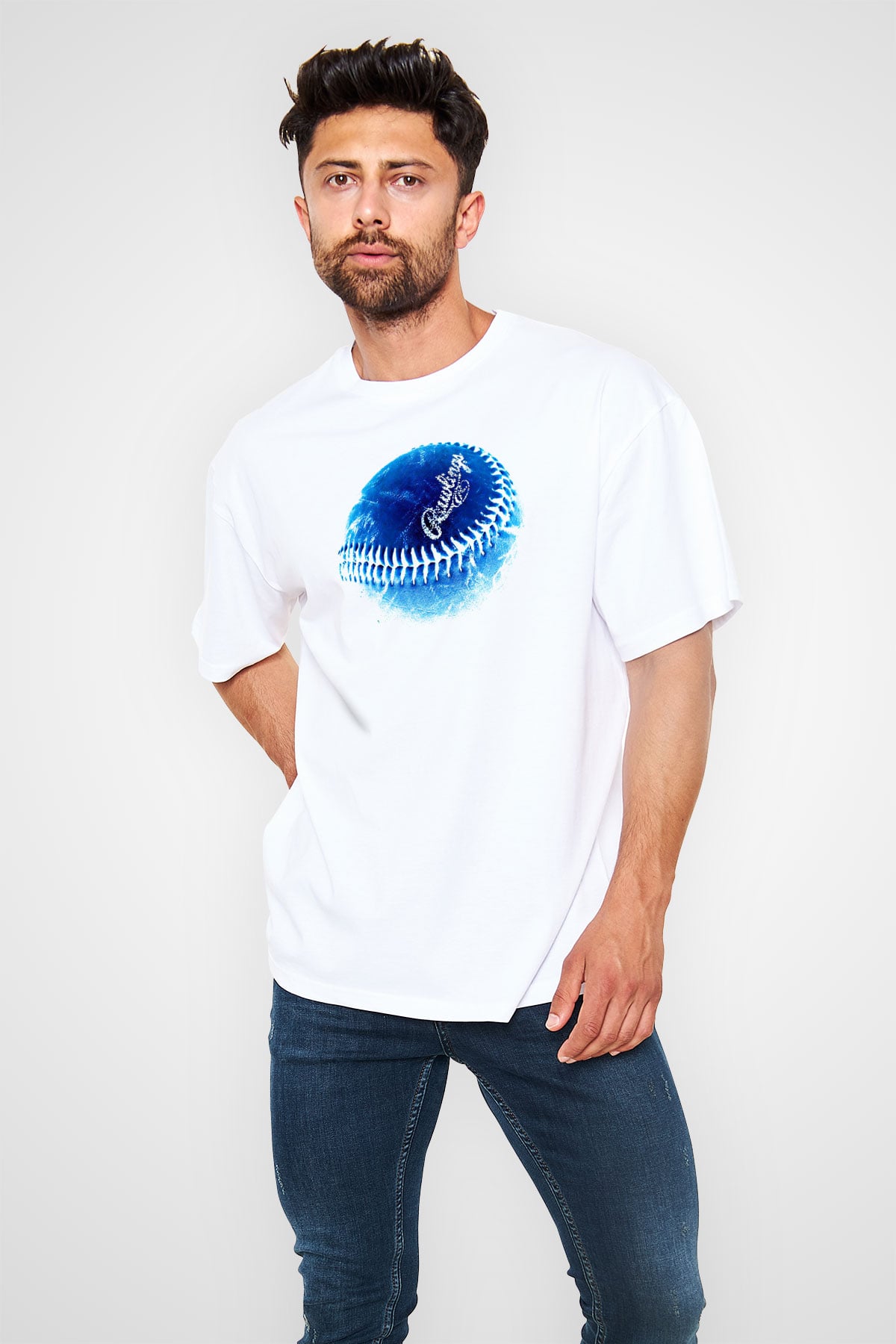 Beyzbol Baskılı Unisex Beyaz Oversize Tişört - Tshirt