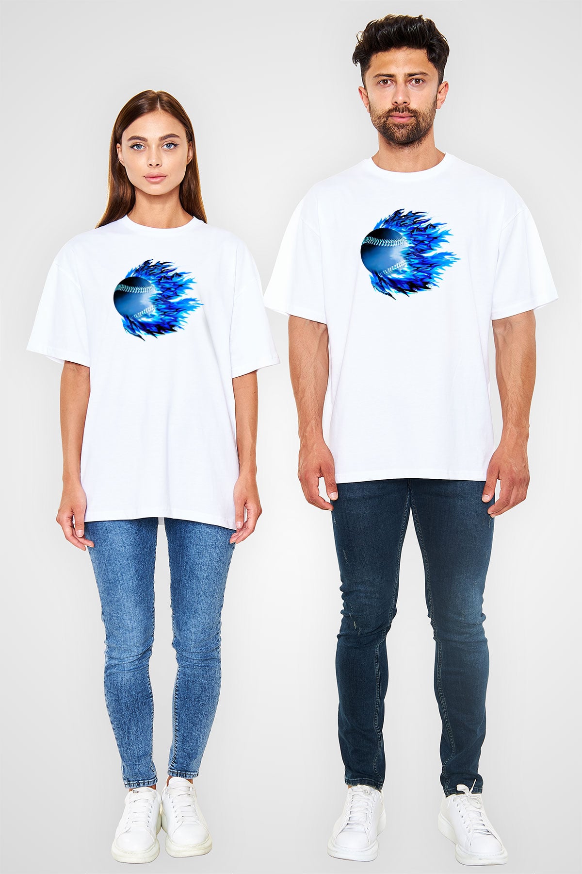 Beyzbol Baskılı Unisex Beyaz Oversize Tişört - Tshirt