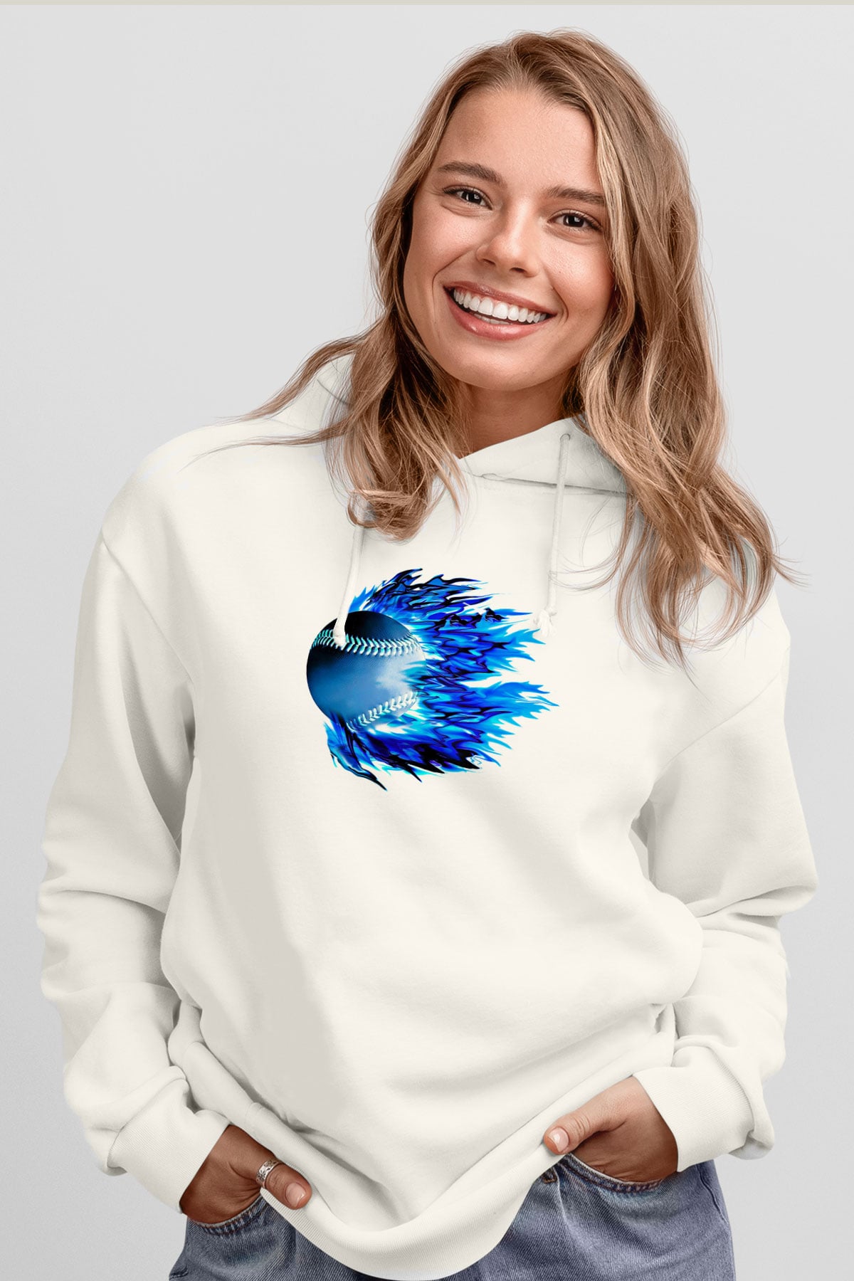 Beyzbol Baskılı Unisex Ekru Hoodie
