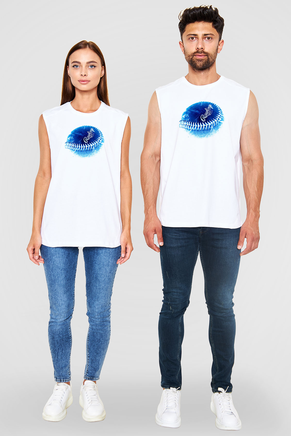 Beyzbol Baskılı Unisex Kolsuz Beyaz Tişört