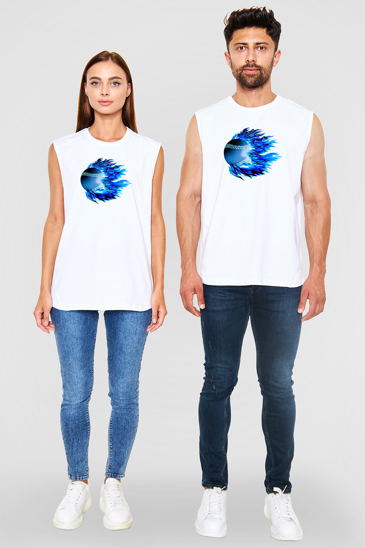 Beyzbol Baskılı Unisex Kolsuz Beyaz Tişört