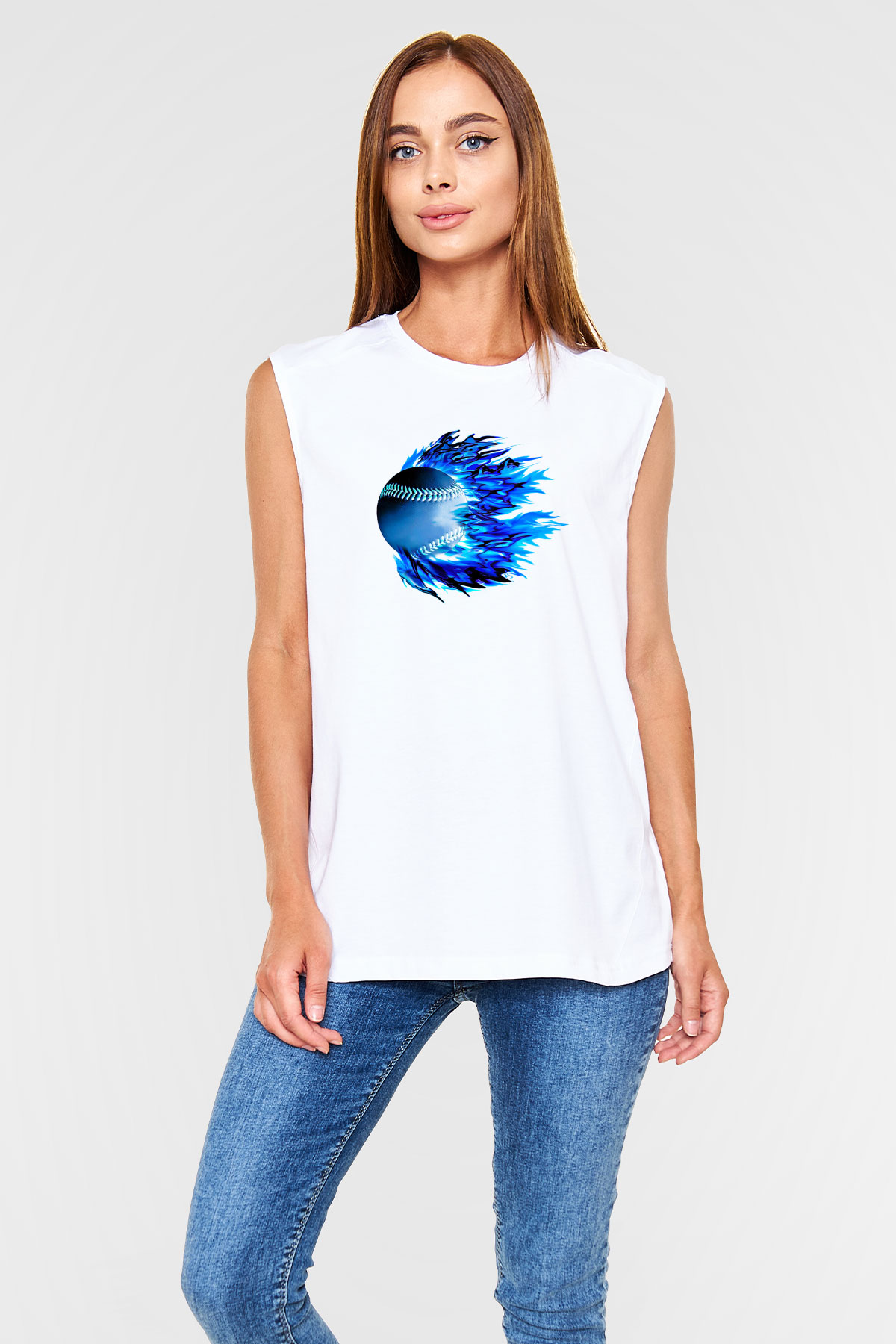 Beyzbol Baskılı Unisex Kolsuz Beyaz Tişört