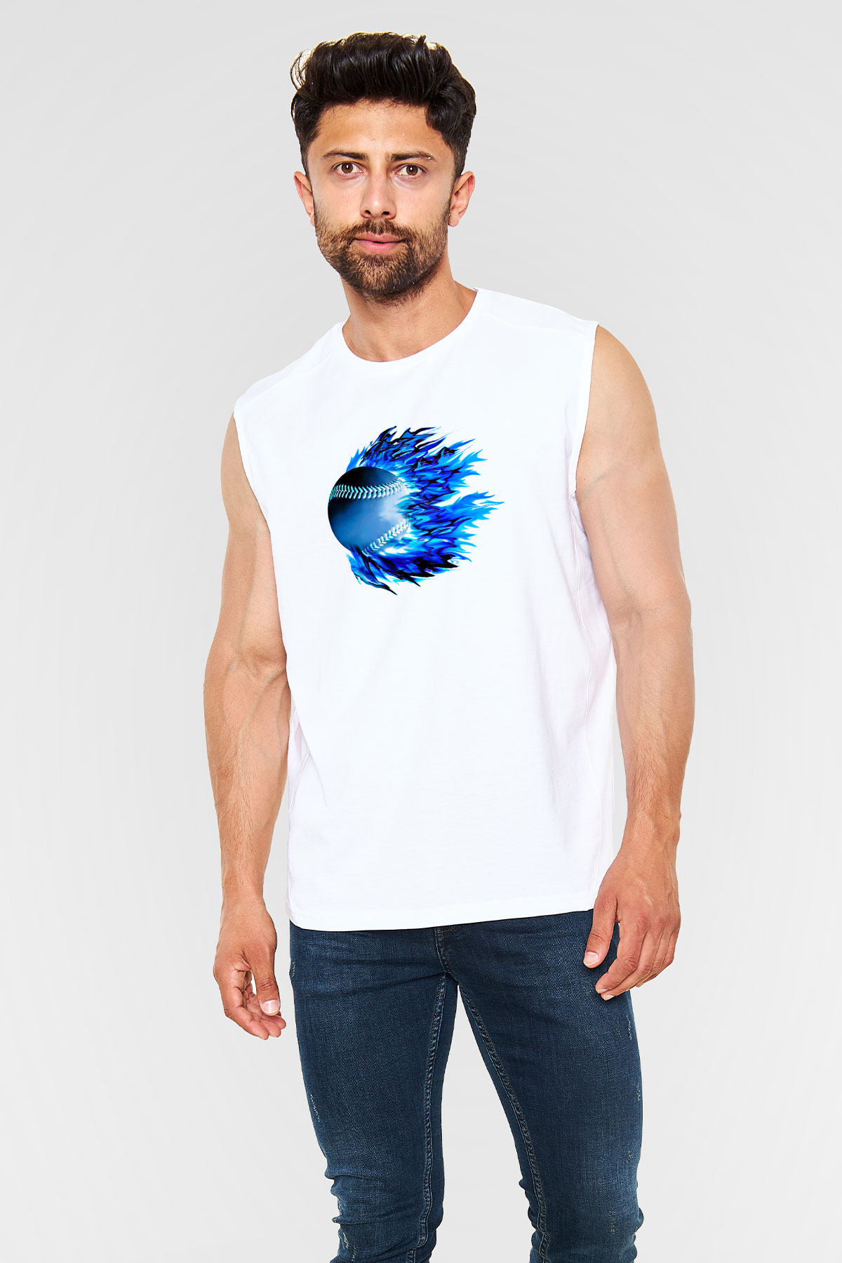 Beyzbol Baskılı Unisex Kolsuz Beyaz Tişört