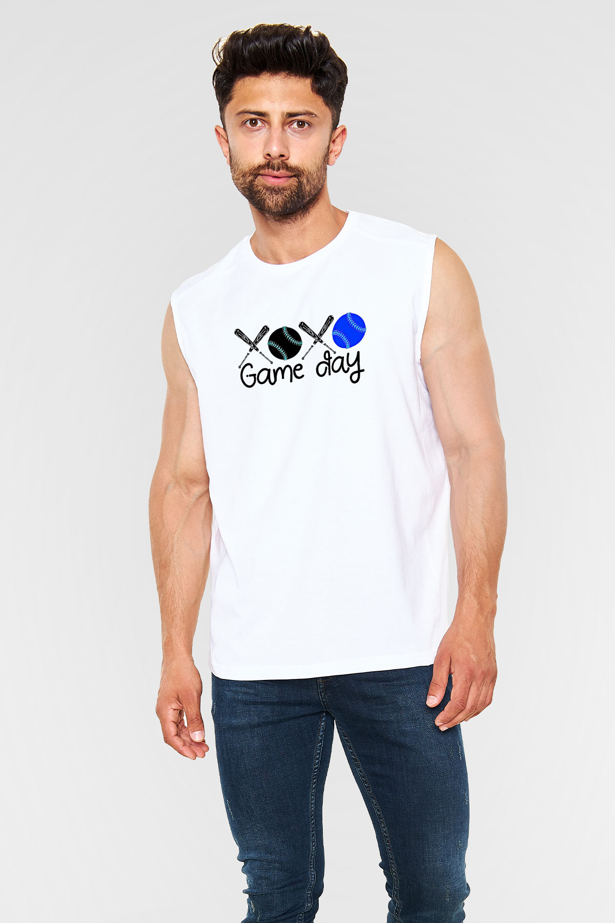 Beyzbol Baskılı Unisex Kolsuz Beyaz Tişört