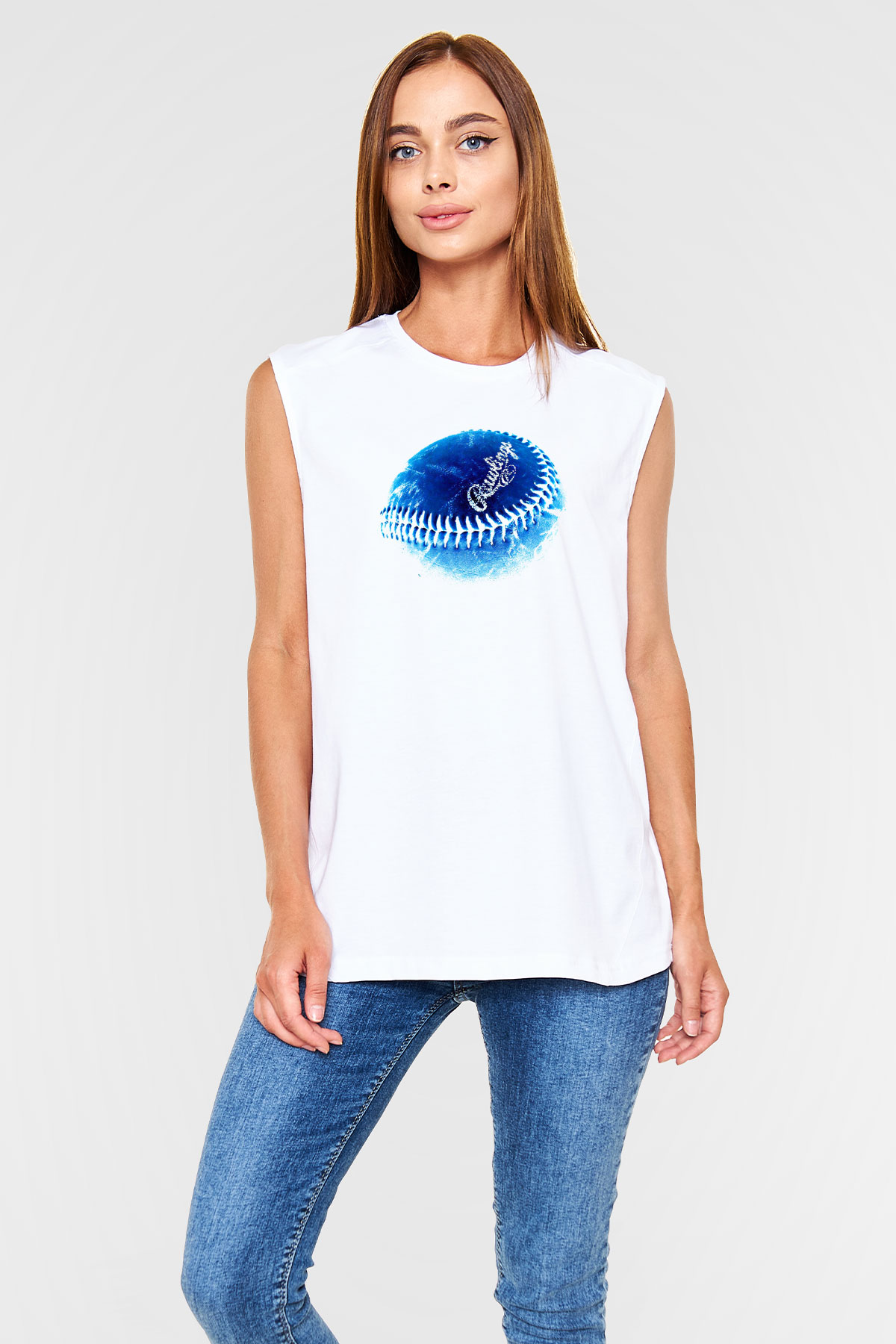 Beyzbol Baskılı Unisex Kolsuz Beyaz Tişört