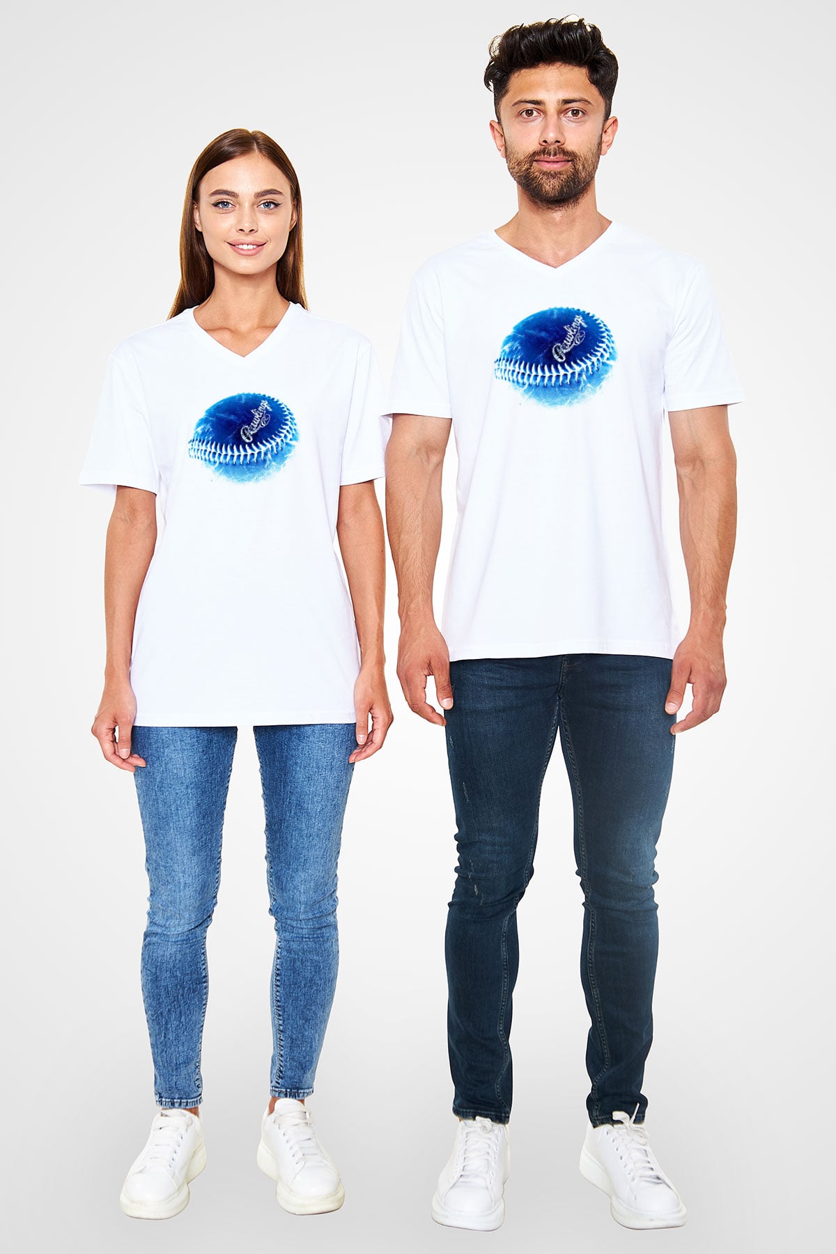 Beyzbol Baskılı Unisex V Yaka Tişört - Tshirt