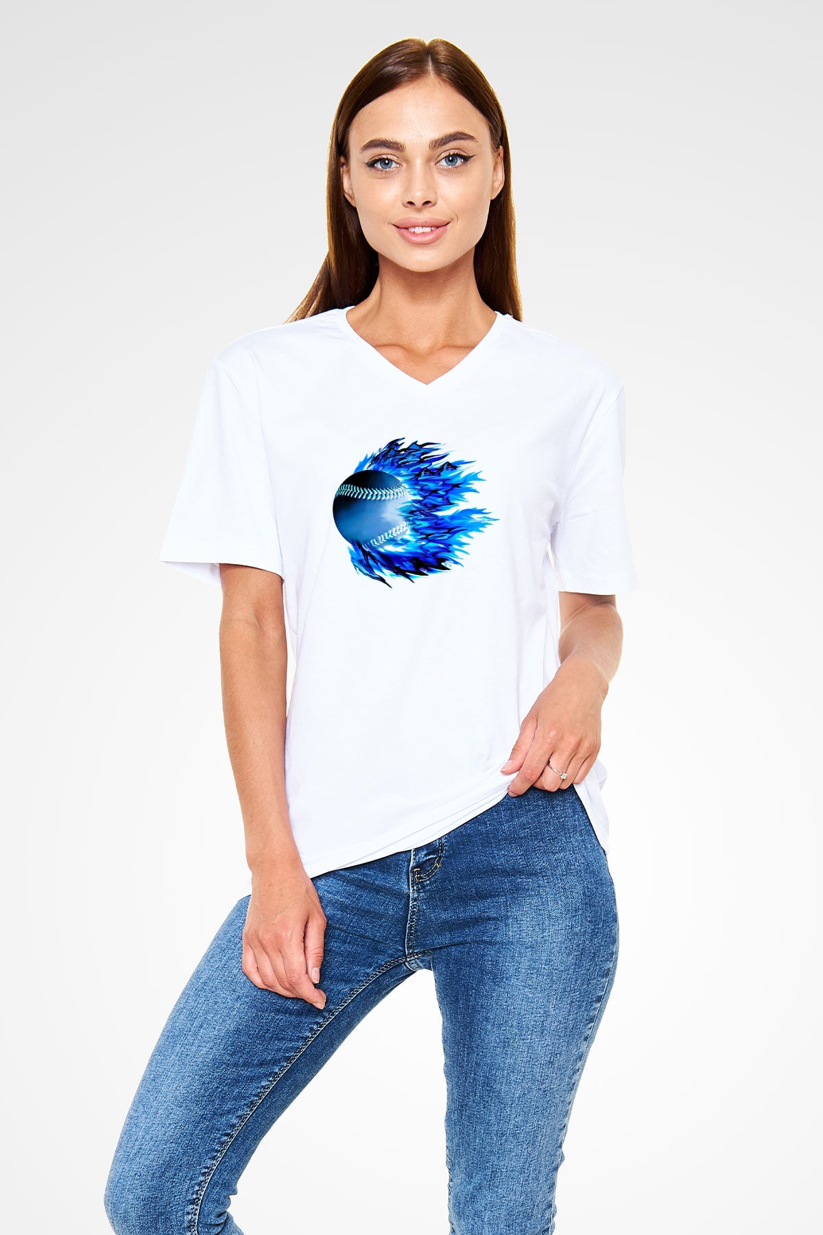Beyzbol Baskılı Unisex V Yaka Tişört - Tshirt