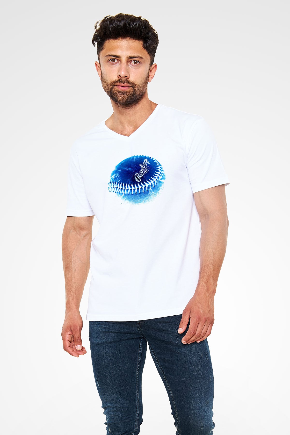 Beyzbol Baskılı Unisex V Yaka Tişört - Tshirt